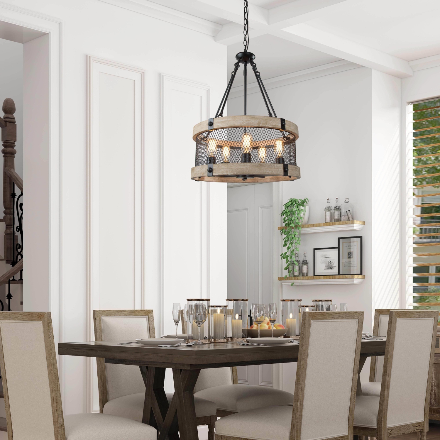 Modern Farmhouse 5-Light Wood Drum Chandelier for Dining Room