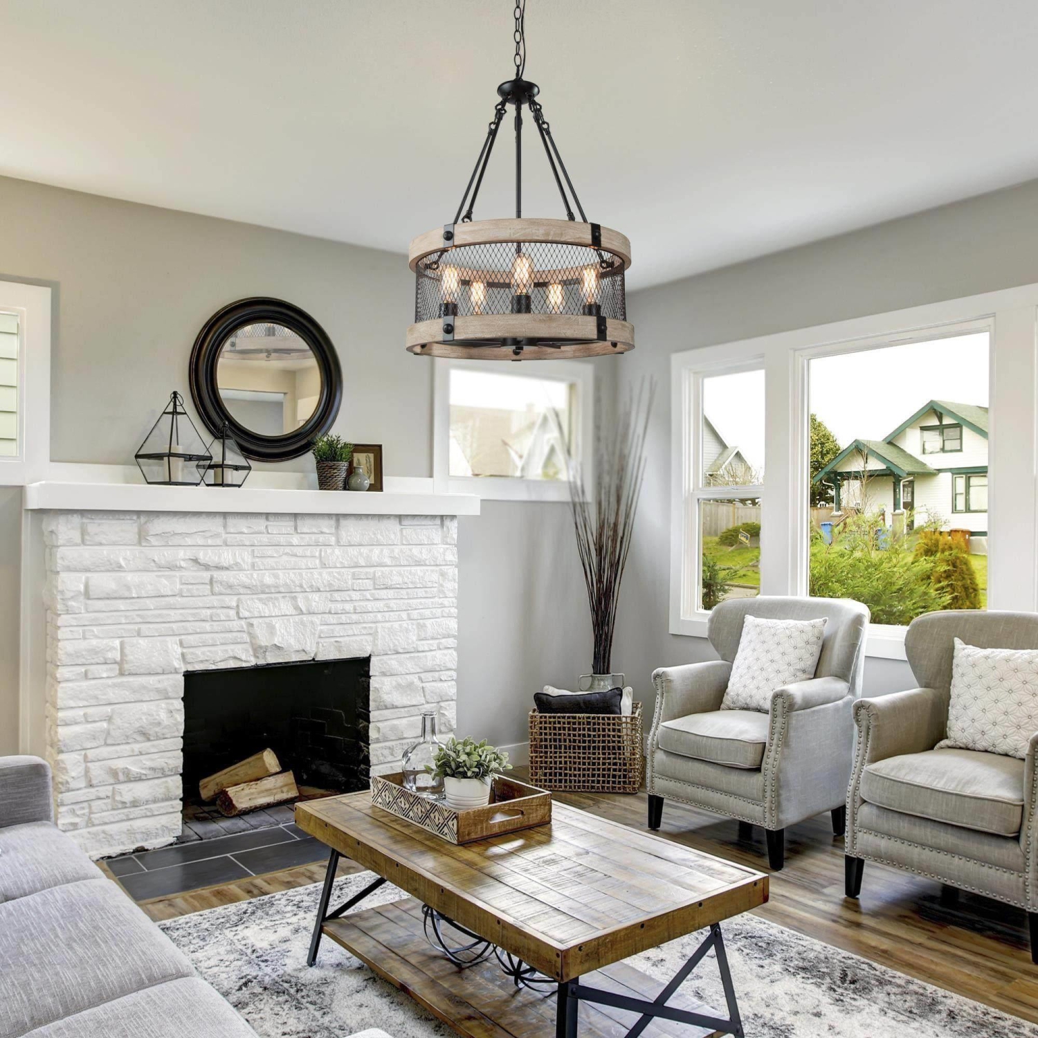 Modern Farmhouse 5-Light Wood Drum Chandelier for Dining Room