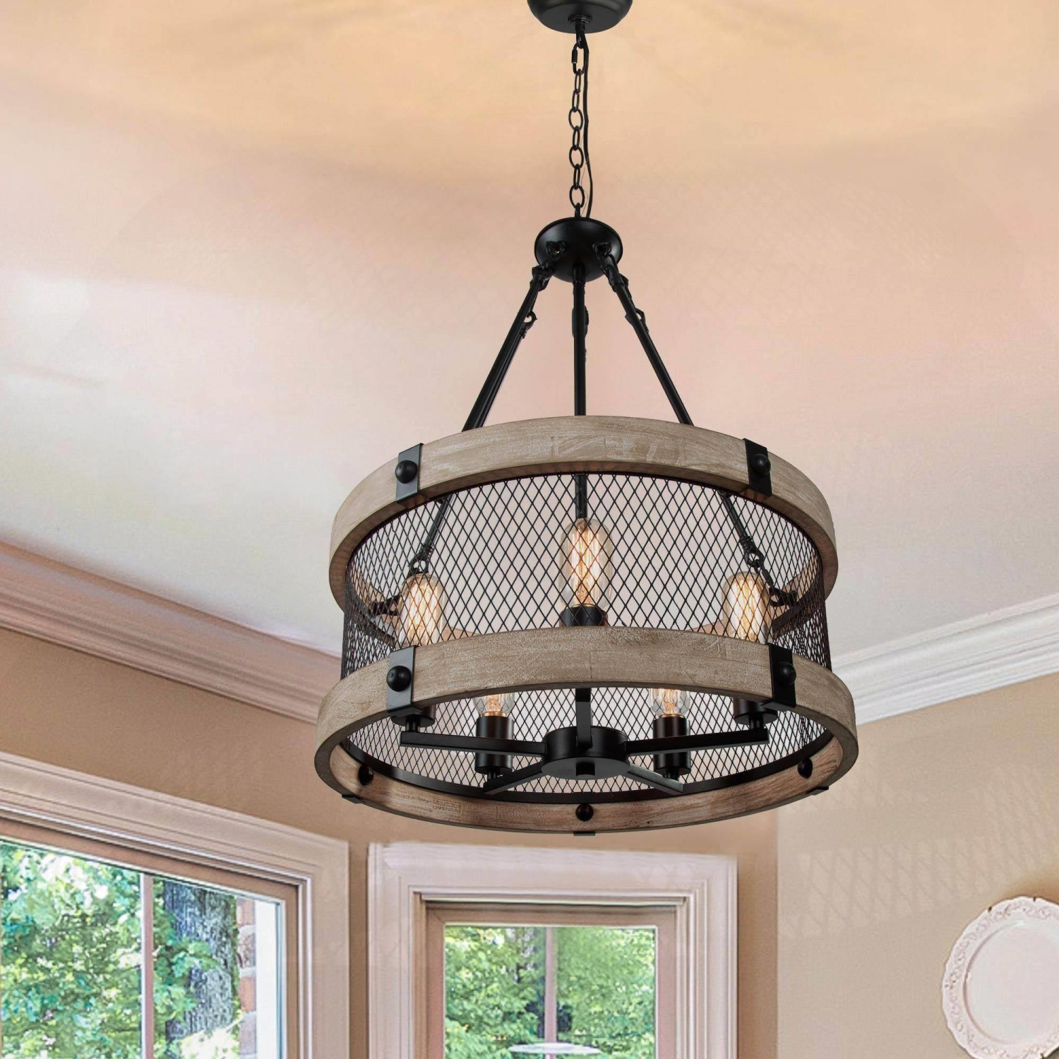 Modern Farmhouse 5-Light Wood Drum Chandelier for Dining Room