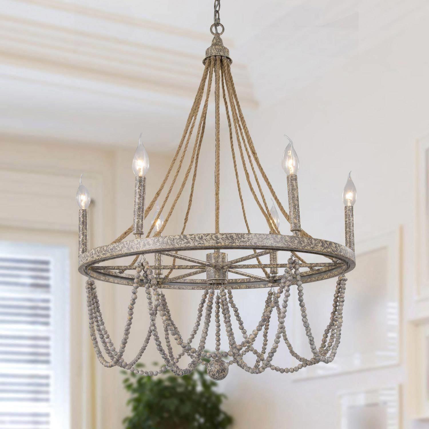 Boho Empire Wood Beads 6-Light 25.5"W Wagon Wheel Chandelier with Rope for Living/ Dining Room