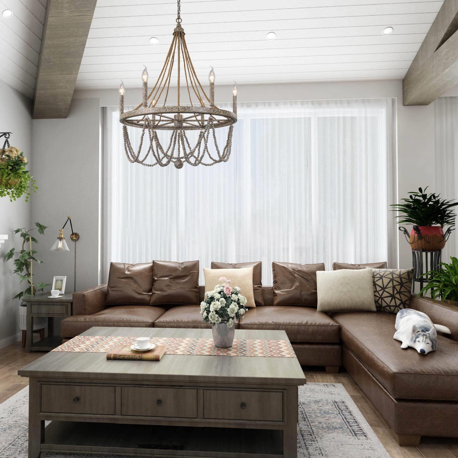 Boho Empire Wood Beads 6-Light 25.5"W Wagon Wheel Chandelier with Rope for Living/ Dining Room