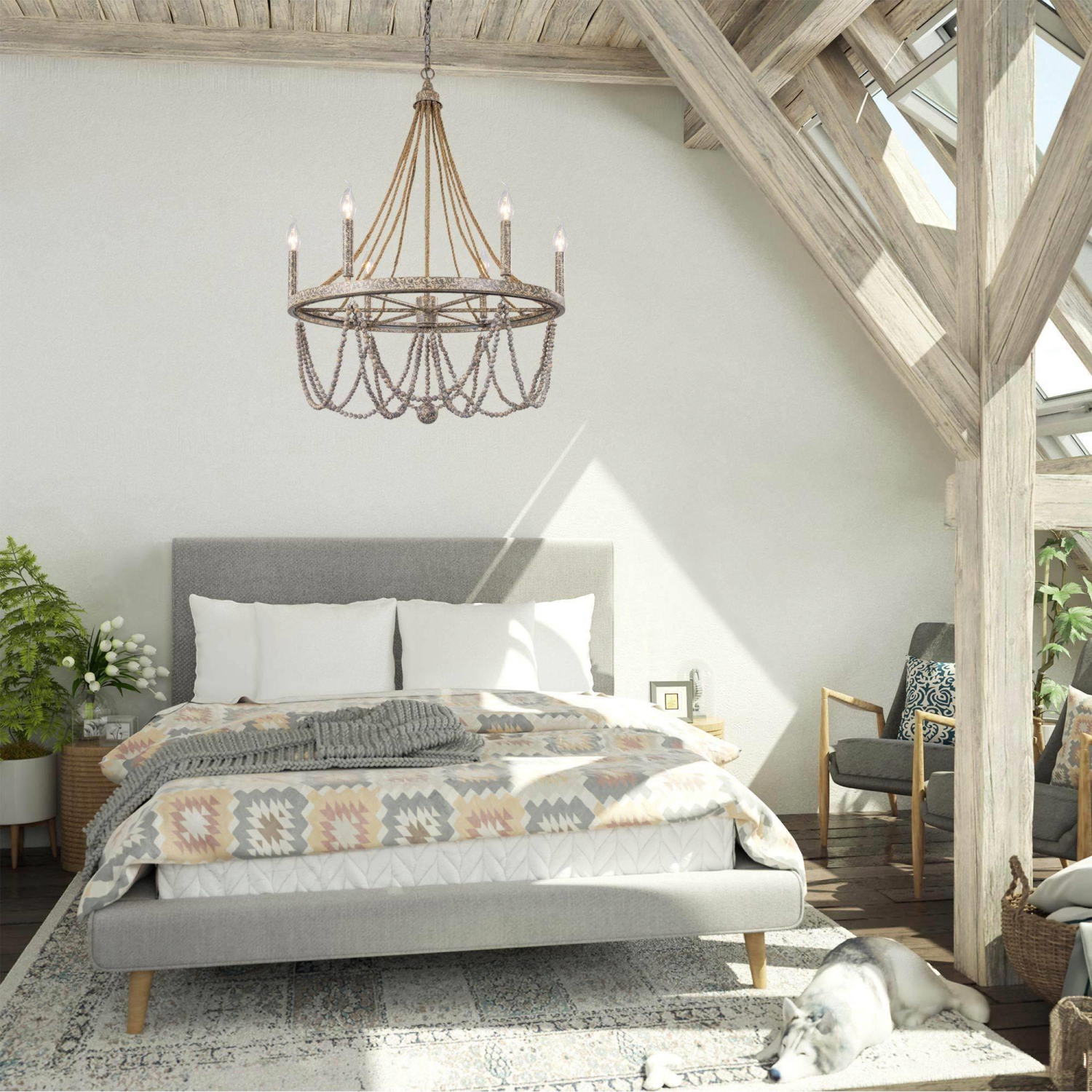 Boho Empire Wood Beads 6-Light 25.5"W Wagon Wheel Chandelier with Rope for Living/ Dining Room