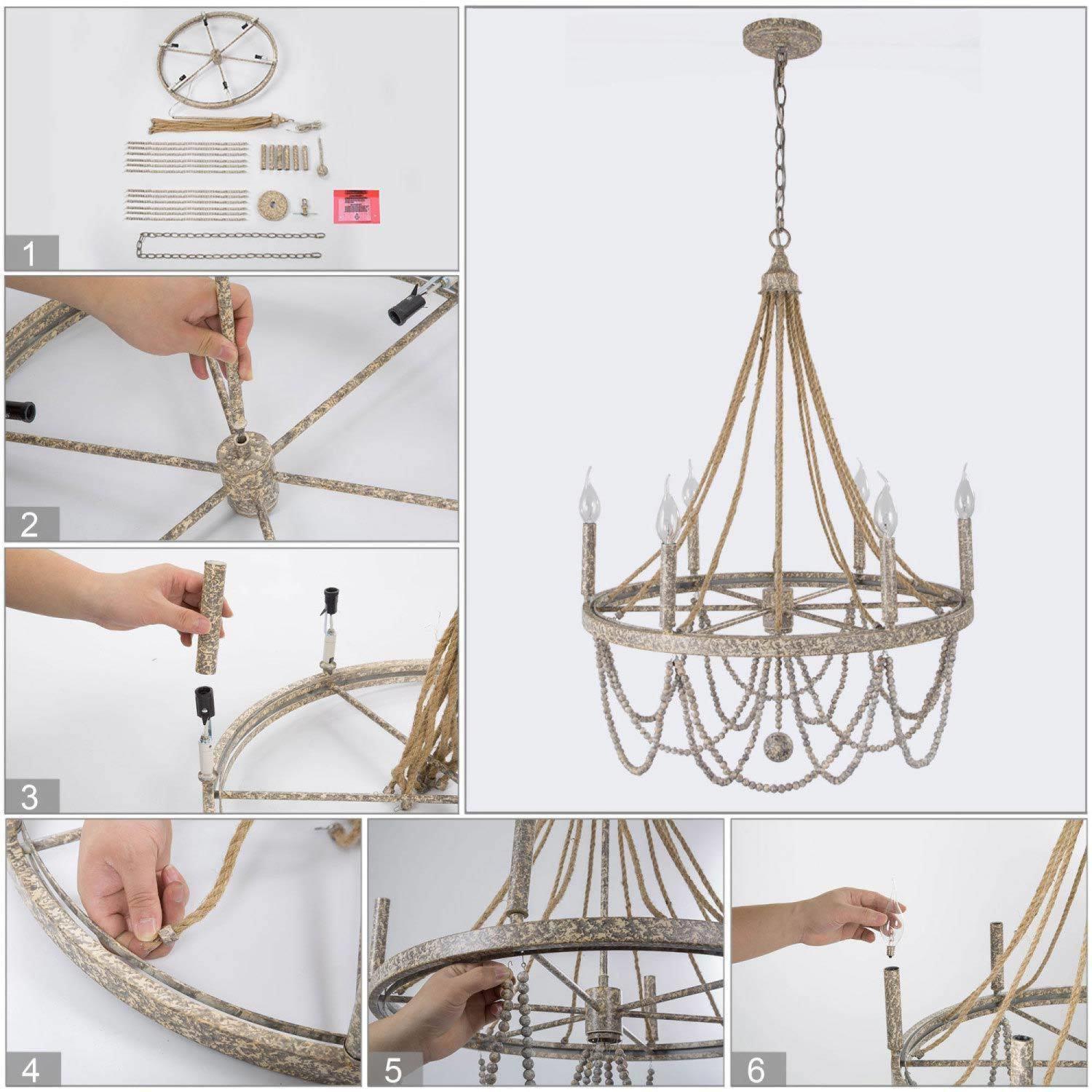 Boho Empire Wood Beads 6-Light 25.5"W Wagon Wheel Chandelier with Rope for Living/ Dining Room