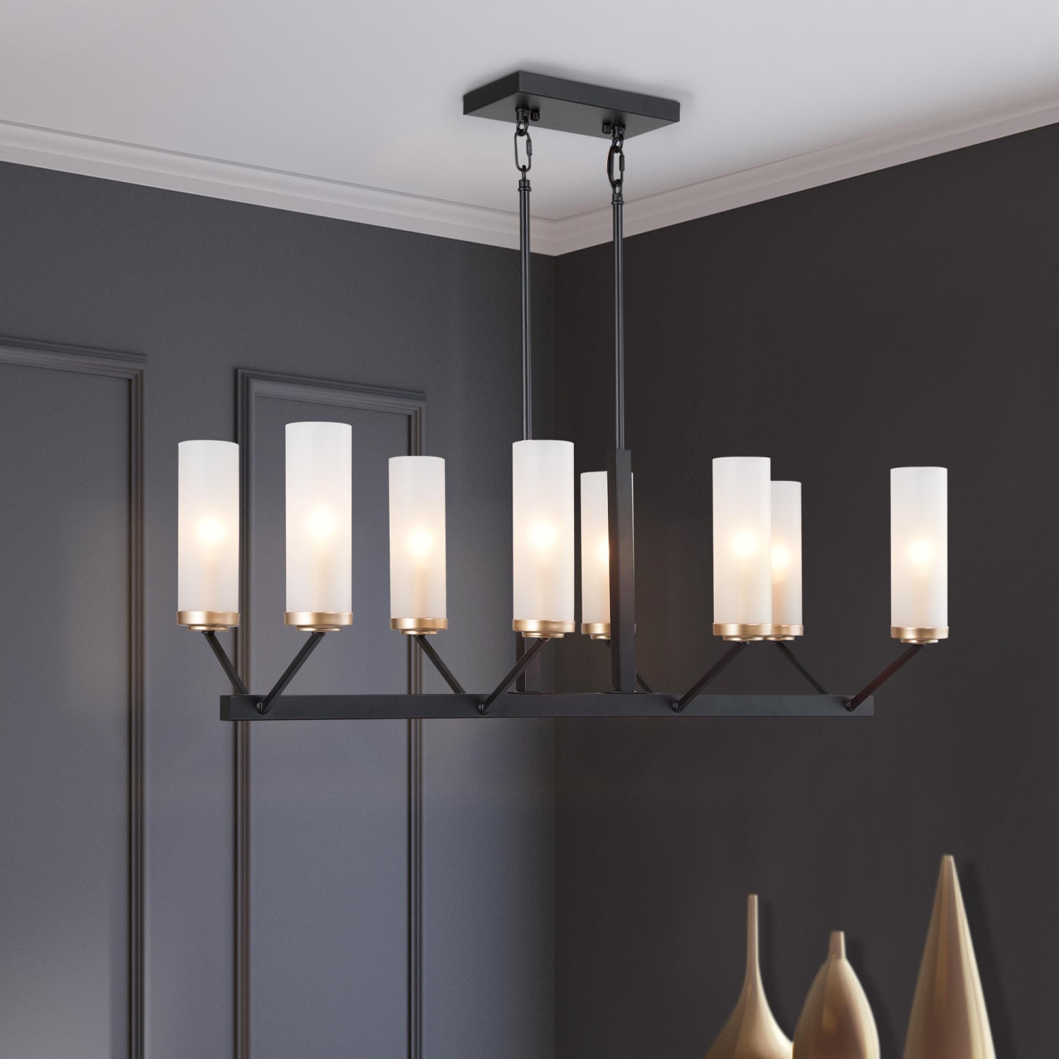 Modern Glam 8-Light Black Gold Linear Chandelier Glass Kitchen Island Pendant