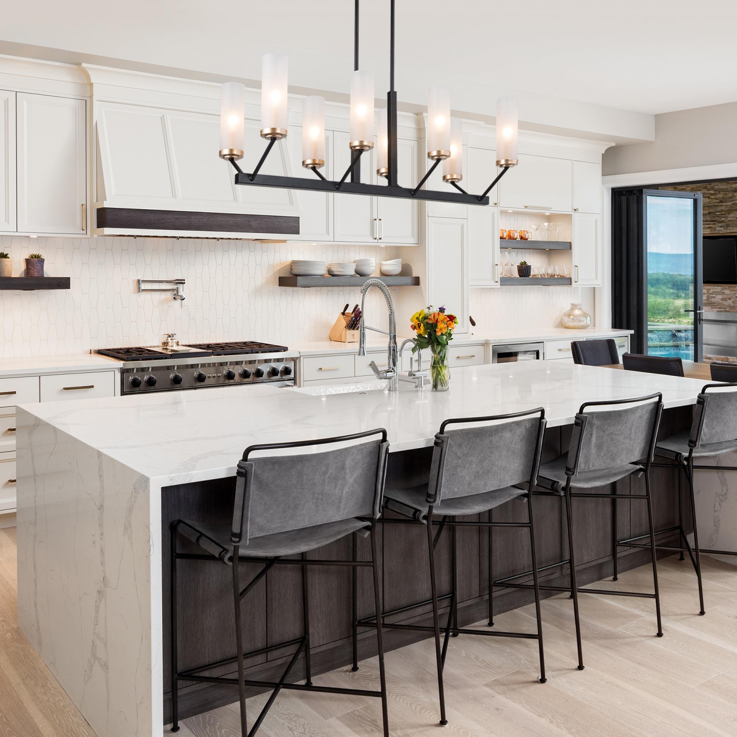 Modern Glam 8-Light Black Gold Linear Chandelier Glass Kitchen Island Pendant