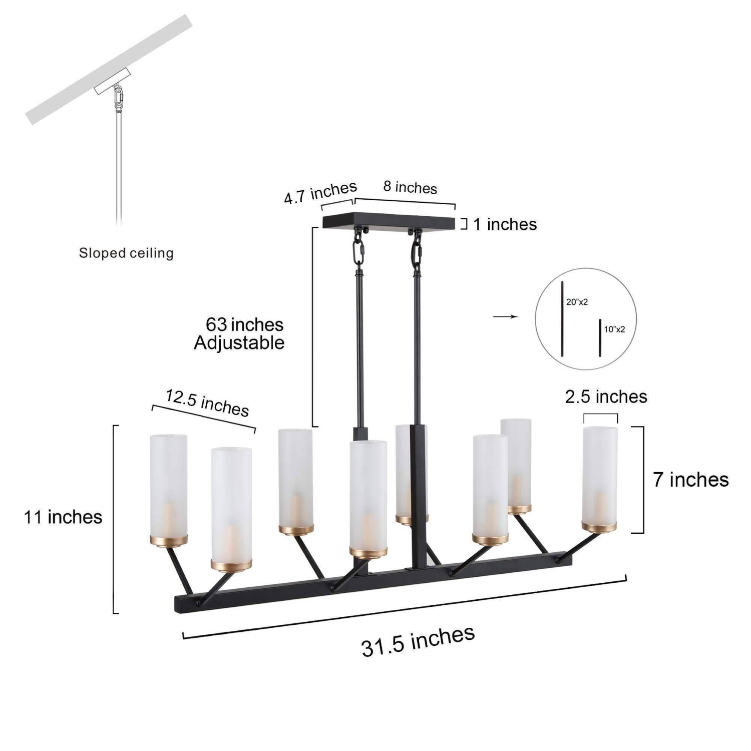 Modern Glam 8-Light Black Gold Linear Chandelier Glass Kitchen Island Pendant