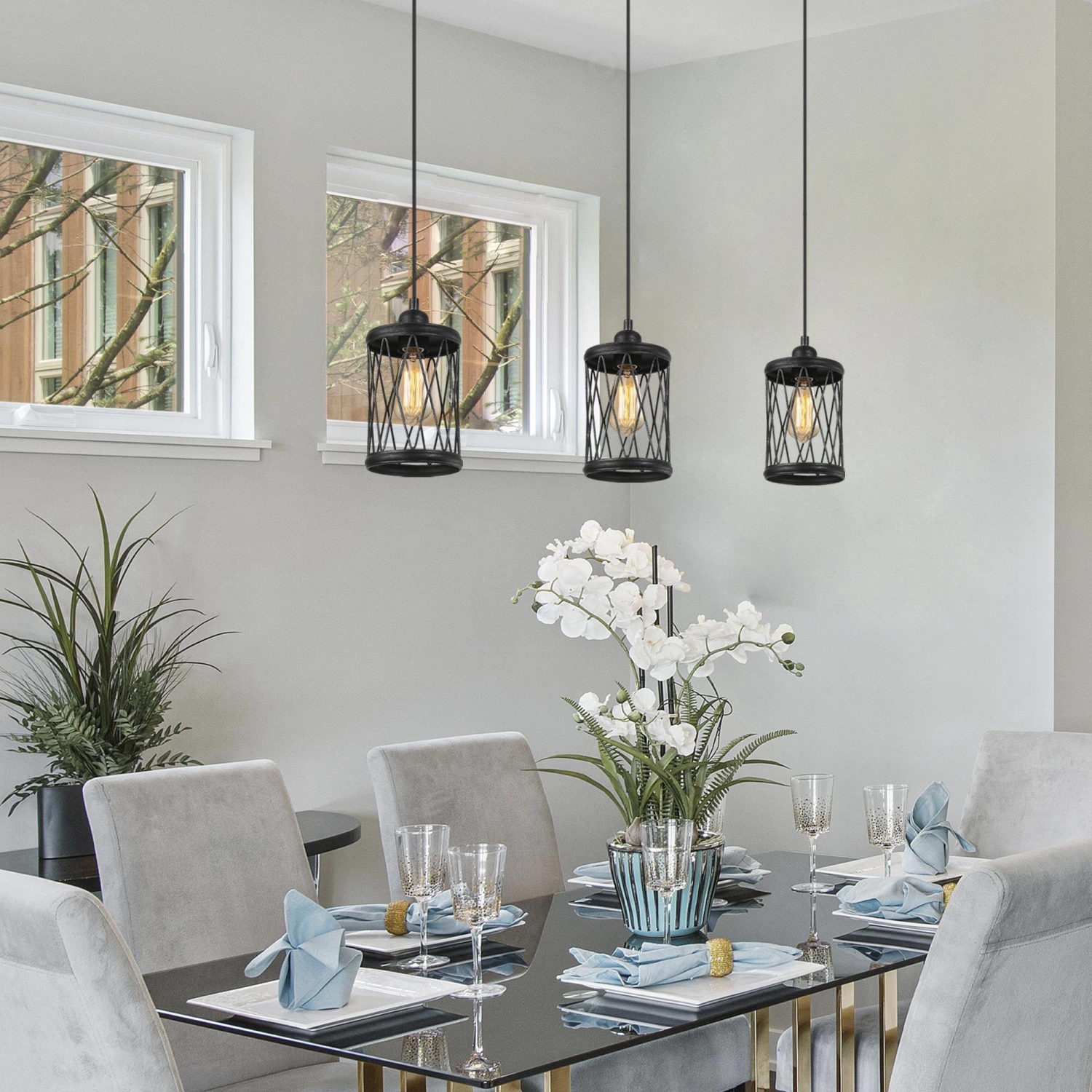 Farmhouse/ Industrial 1-Light Black Cylinder Cage Island Pendant