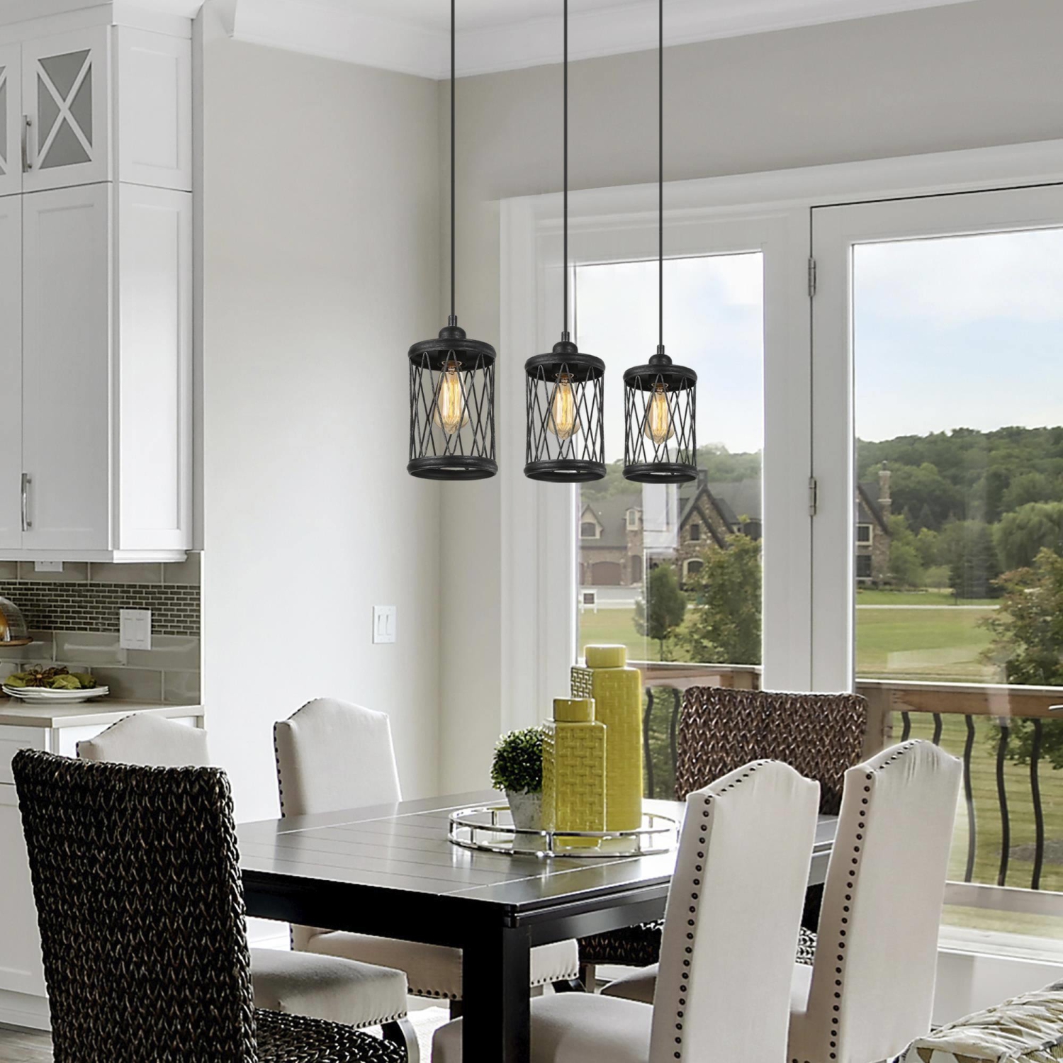 Farmhouse/ Industrial 1-Light Black Cylinder Cage Island Pendant