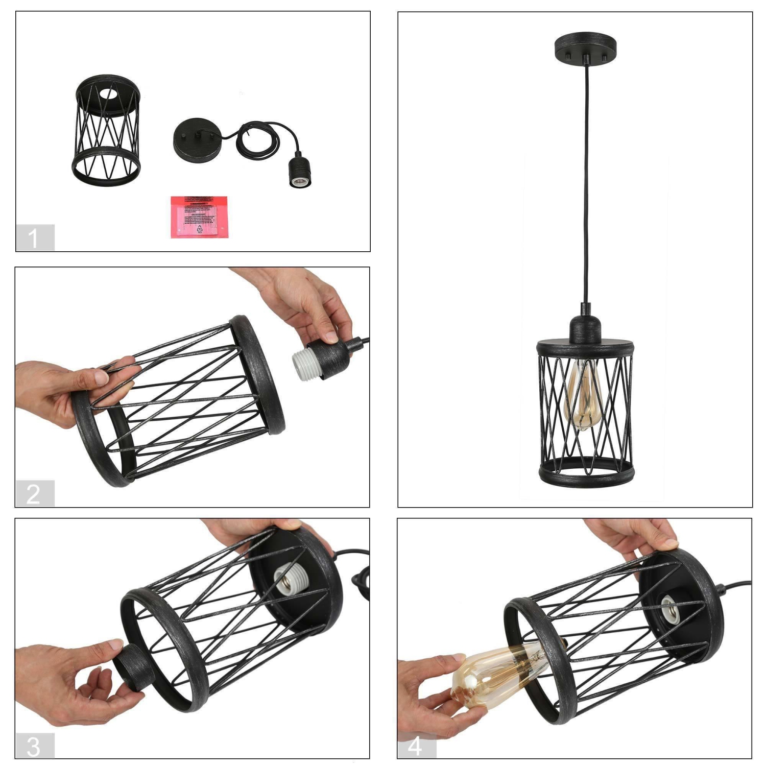 Farmhouse/ Industrial 1-Light Black Cylinder Cage Island Pendant