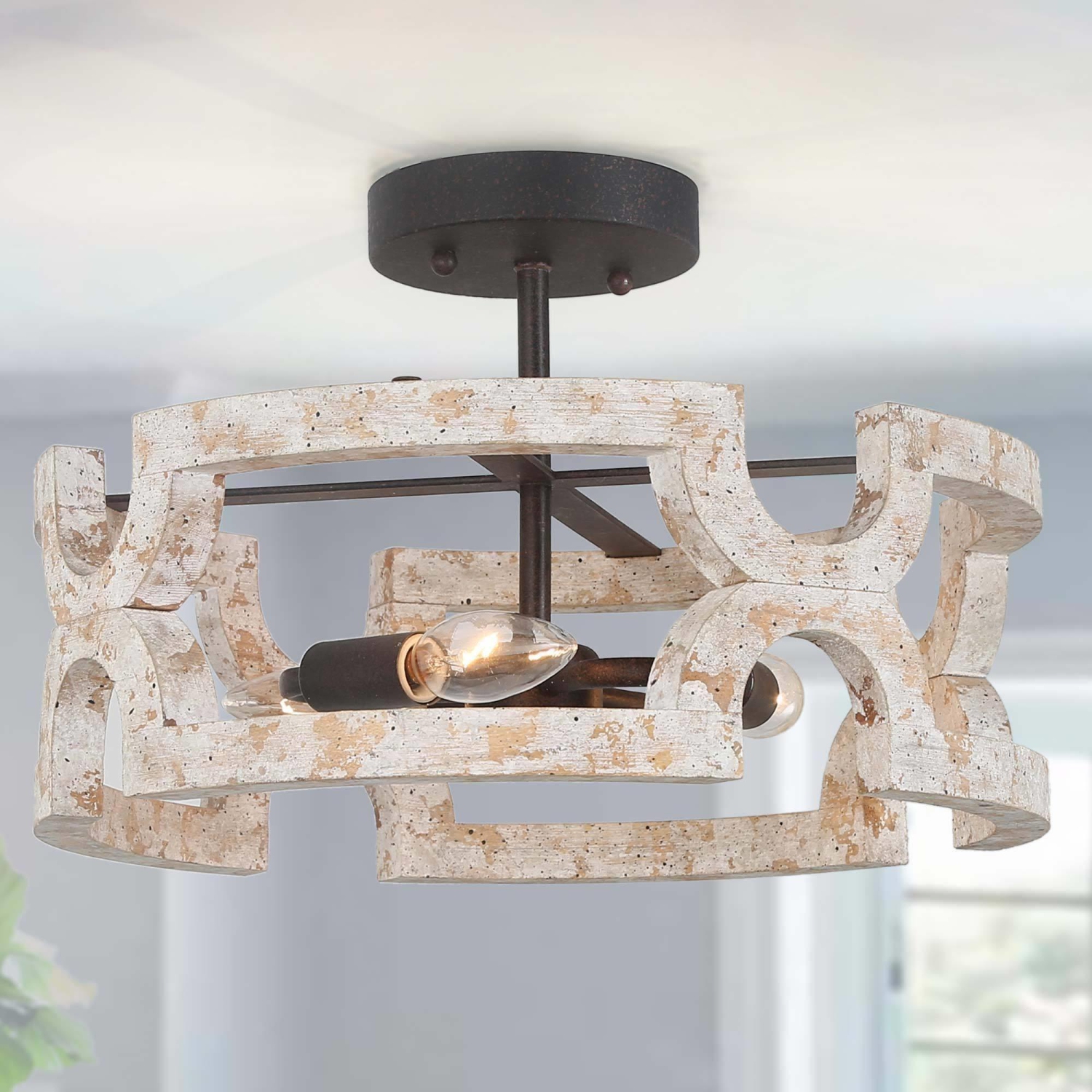 Farmhouse 3-Light Wood Drum Semi-Flush Mount Light