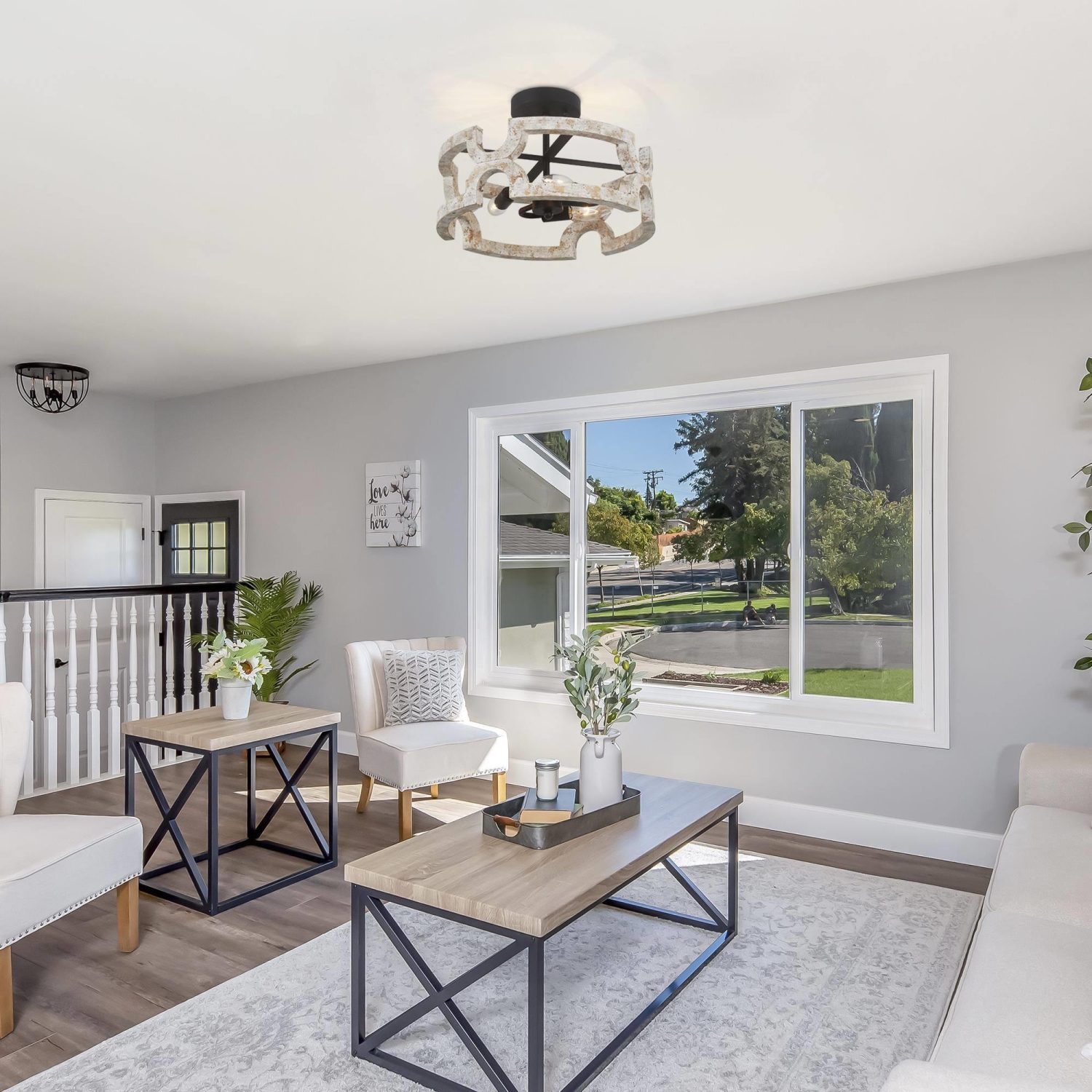 Farmhouse 3-Light Wood Drum Semi-Flush Mount Light