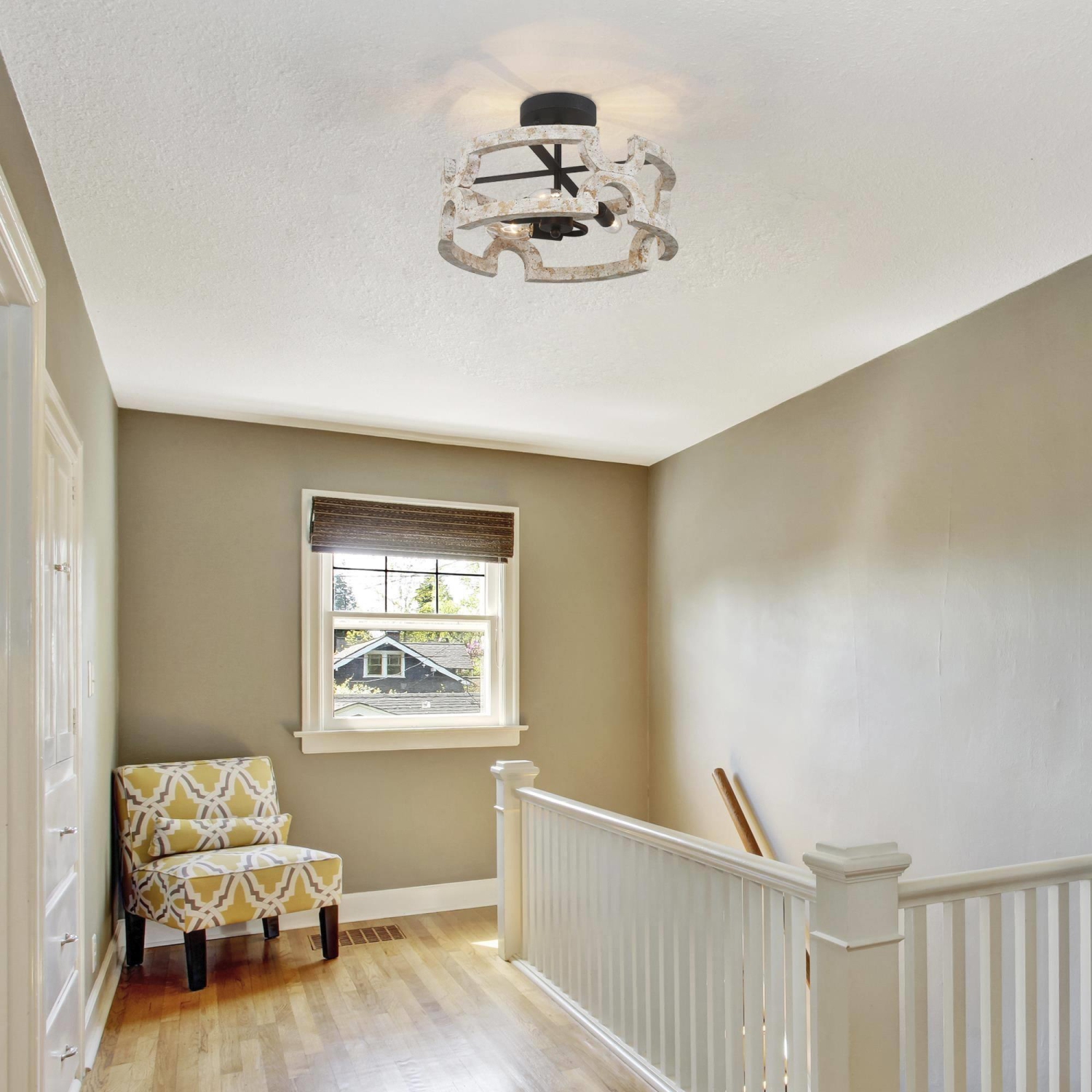 Farmhouse 3-Light Wood Drum Semi-Flush Mount Light