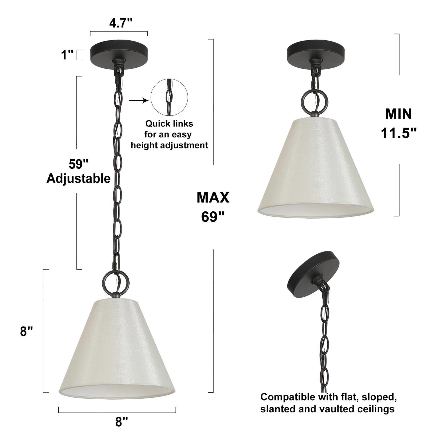 Modern 1-light Pendant Cone Fabric Shade Ceiling Light for Kitchen Island
