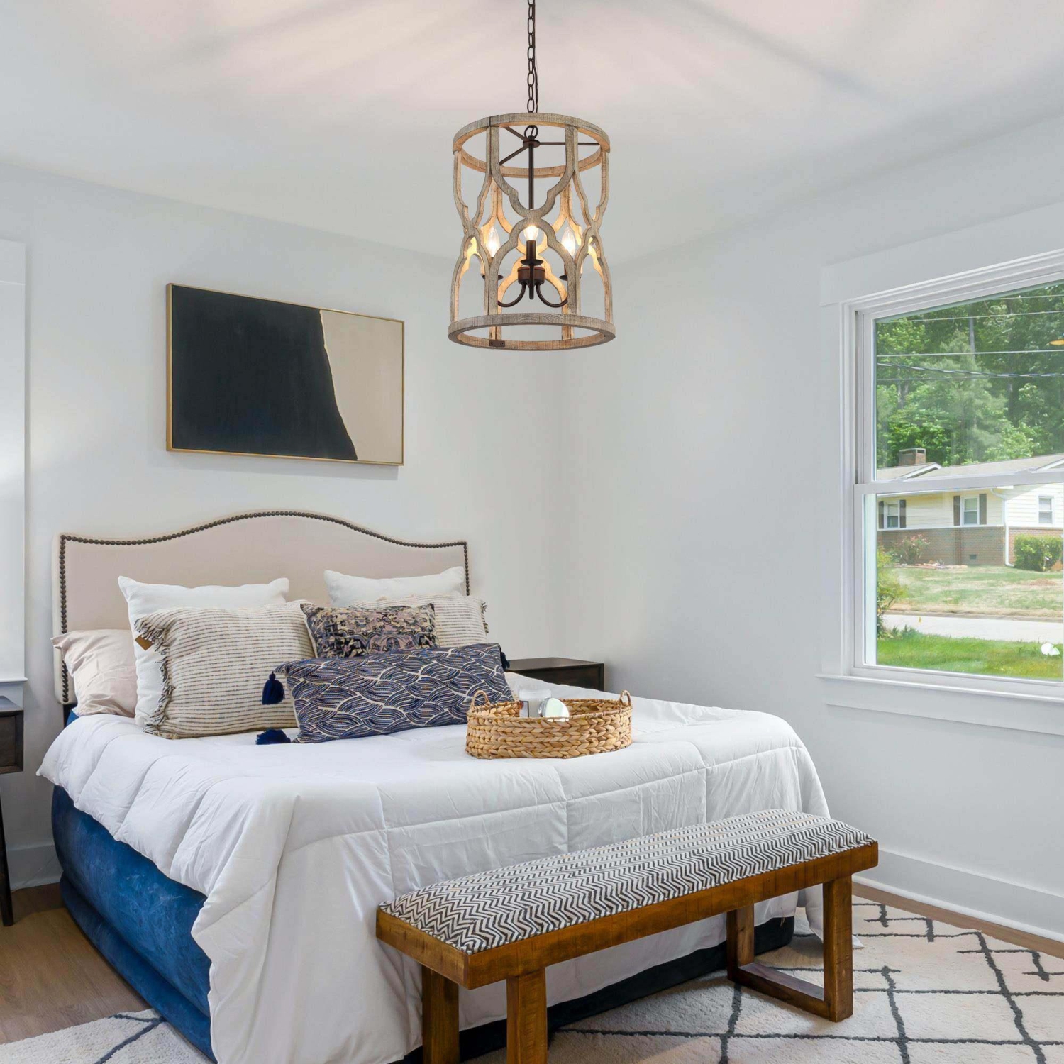 Modern Farmhouse Antique Wood 3-Light Cage Chandelier for Kitchen Island