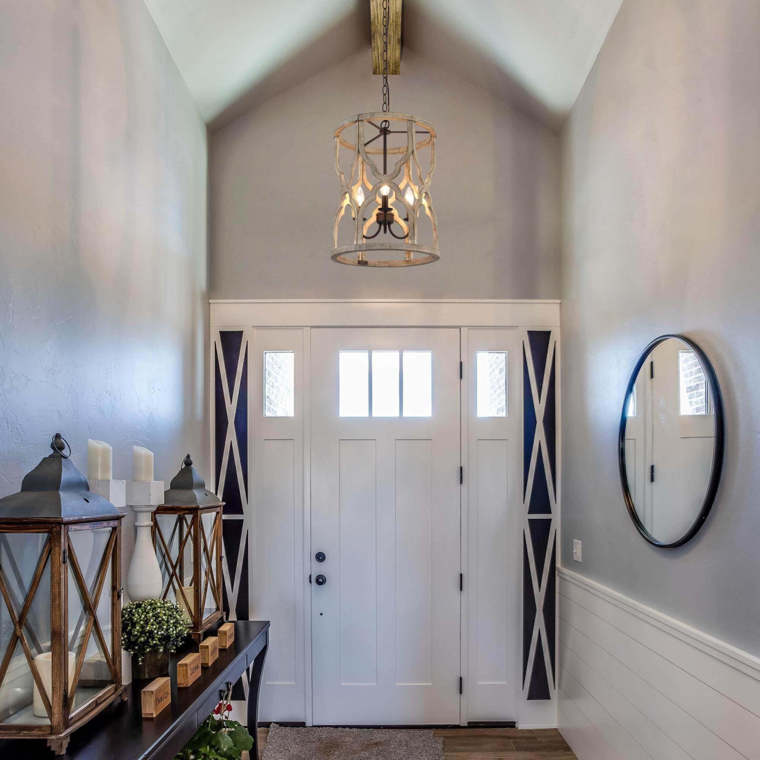 Modern Farmhouse Antique Wood 3-Light Cage Chandelier for Kitchen Island