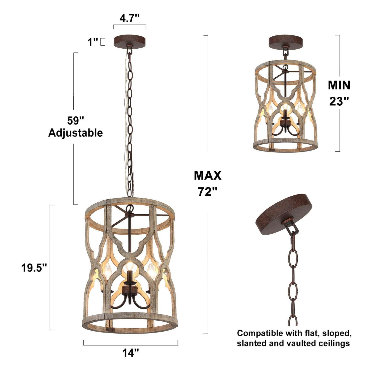 Modern Farmhouse Antique Wood 3-Light Cage Chandelier for Kitchen Island