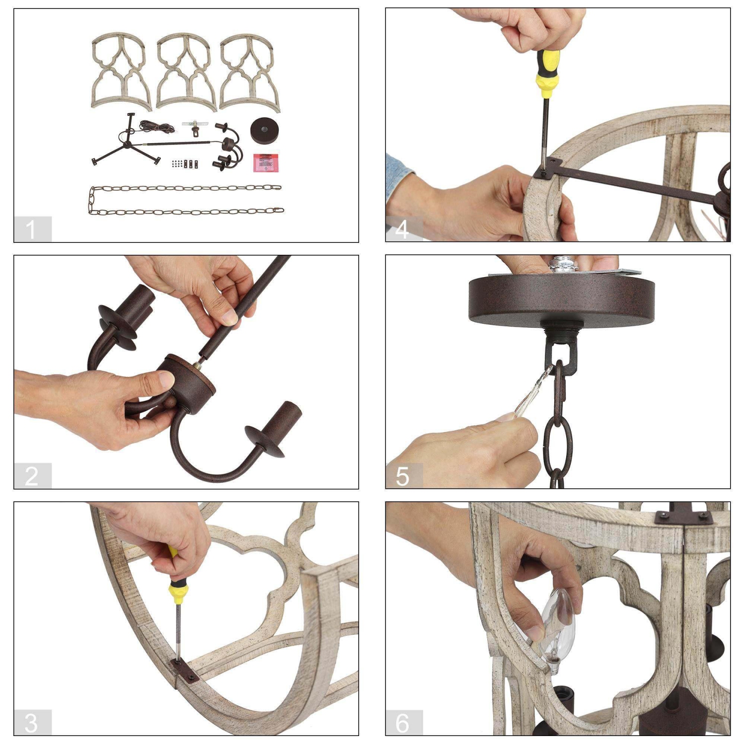 Modern Farmhouse Antique Wood 3-Light Cage Chandelier for Kitchen Island