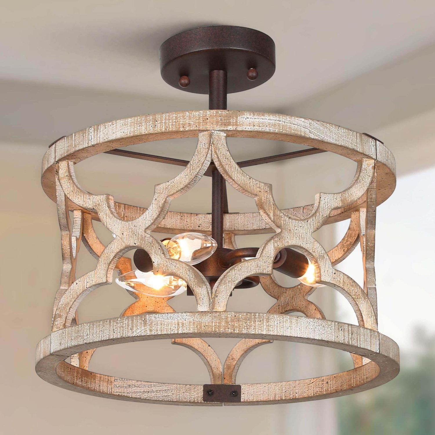 Modern Farmhouse 3-Light Handcrafted Wood Semi-Flush Mount Ceiling Light