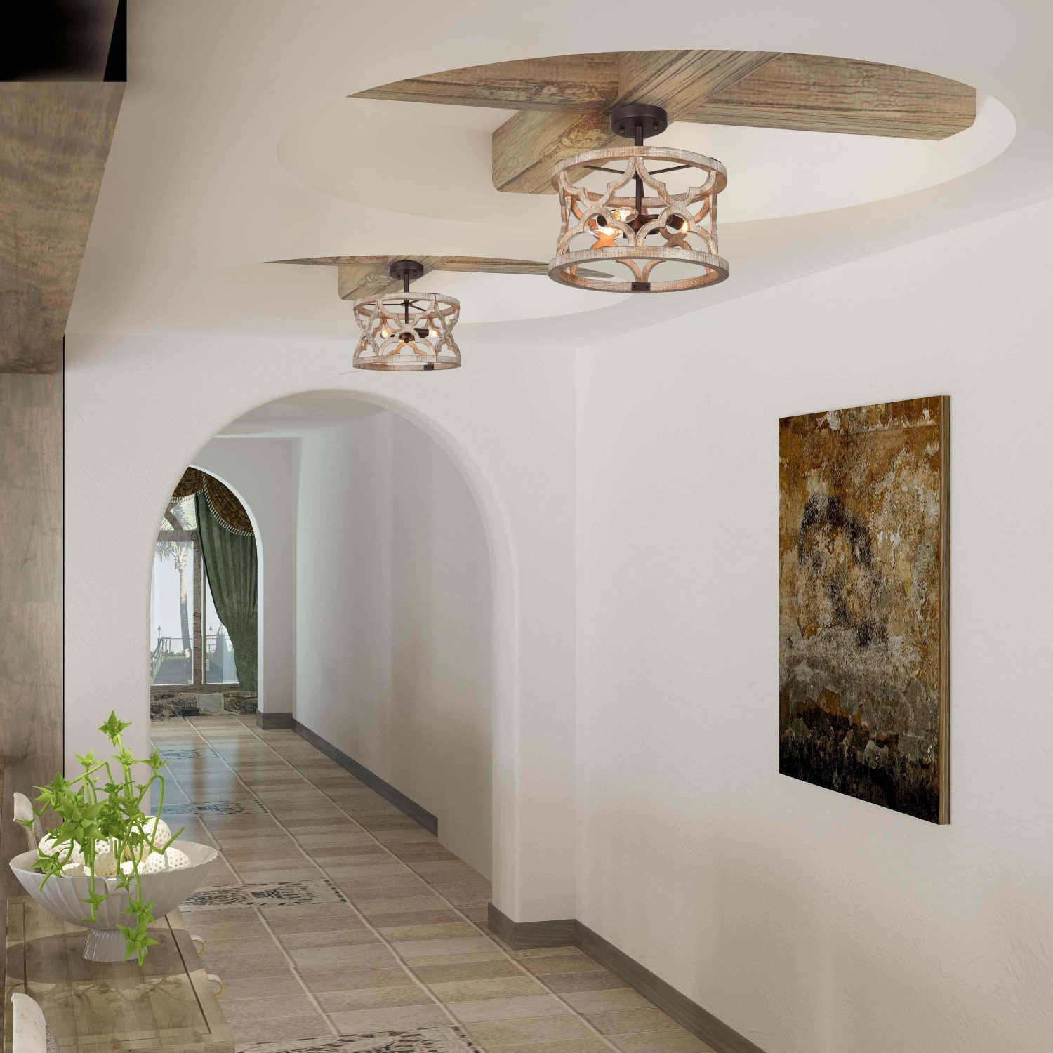 Modern Farmhouse 3-Light Handcrafted Wood Semi-Flush Mount Ceiling Light