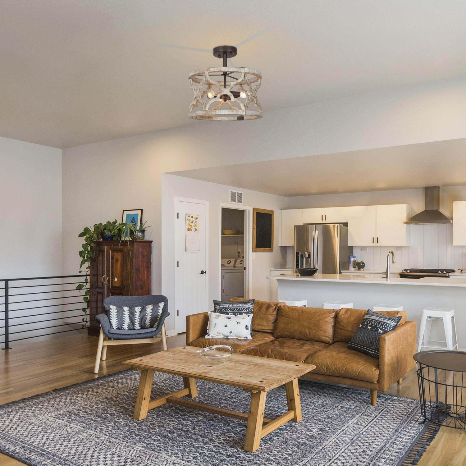 Modern Farmhouse 3-Light Handcrafted Wood Semi-Flush Mount Ceiling Light