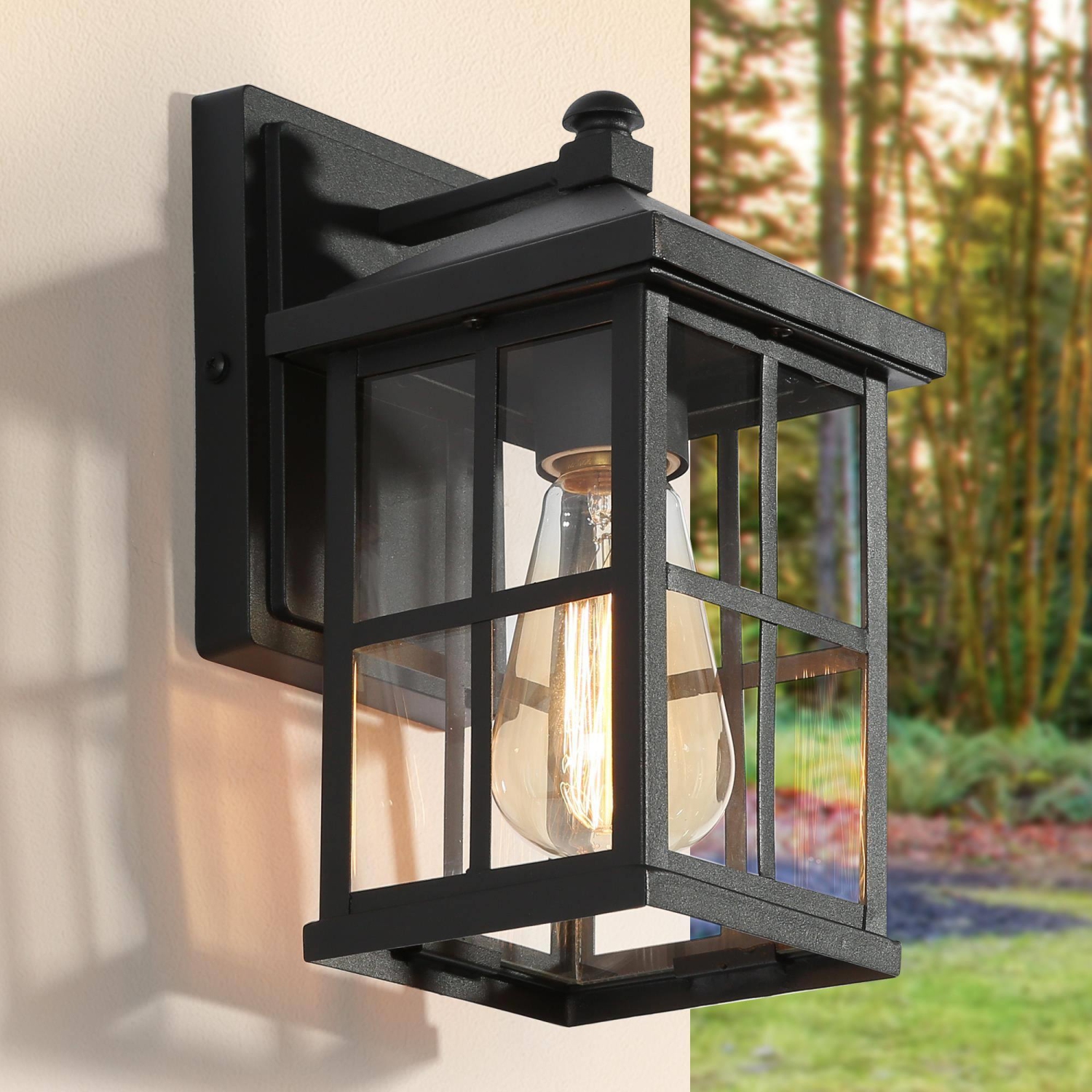 1-Light Black Square Outdoor Sconce Glass Wall Lights