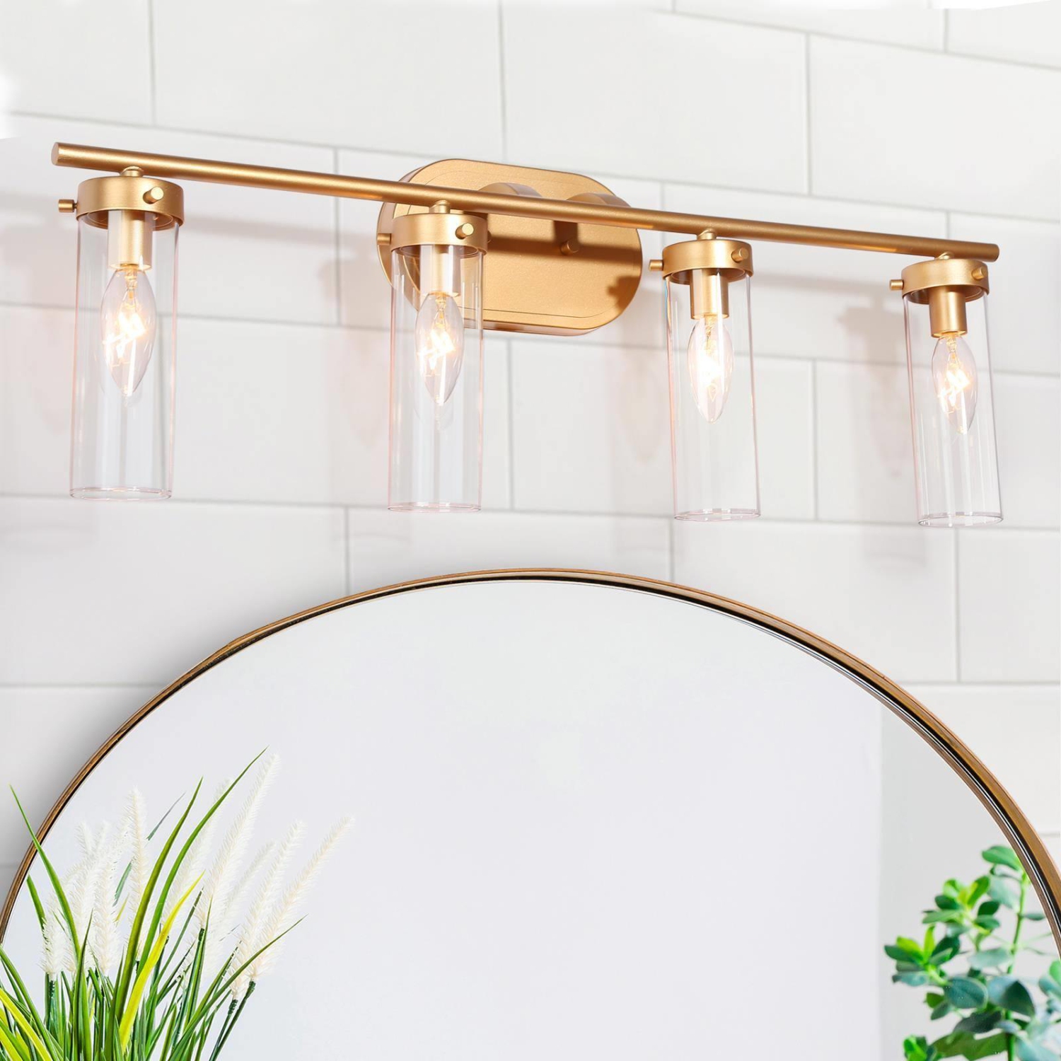 Mid-Century Modern Gold 4-Light Dimmable Linear Clear Glass Bathroom Vanity Lights