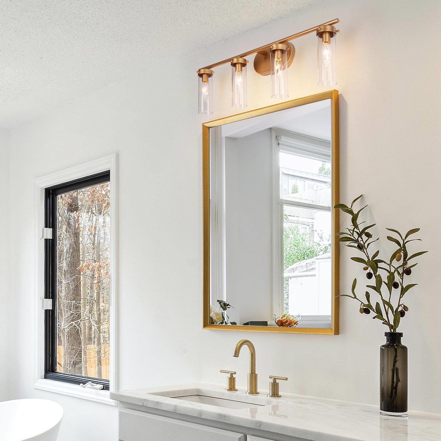 Mid-Century Modern Gold 4-Light Dimmable Linear Clear Glass Bathroom Vanity Lights