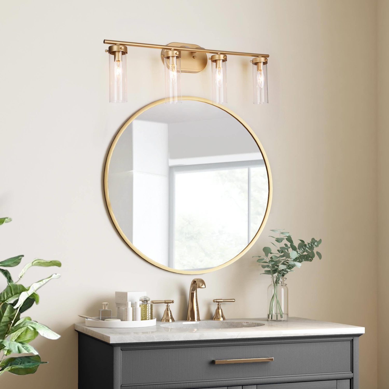 Mid-Century Modern Gold 4-Light Dimmable Linear Clear Glass Bathroom Vanity Lights