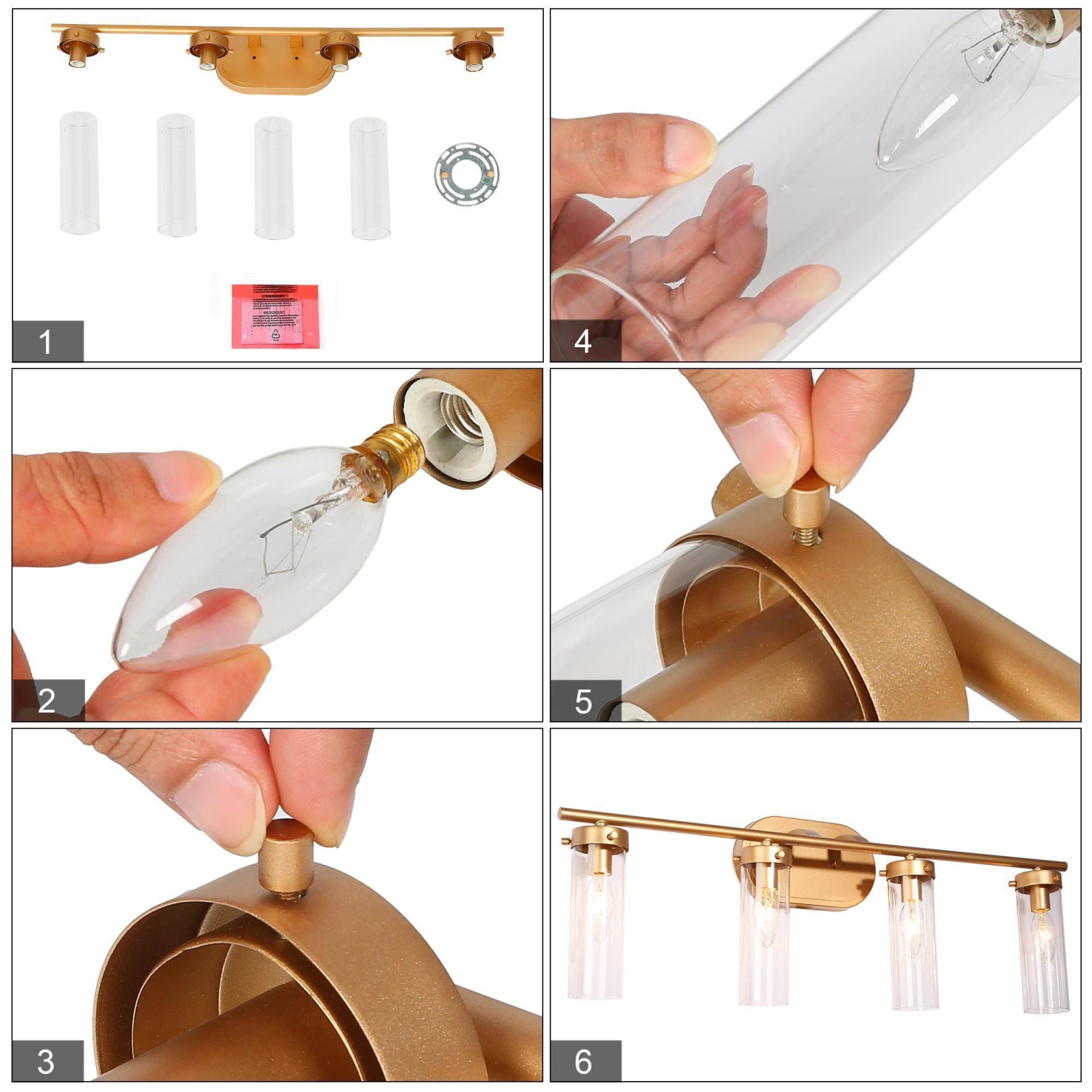 Mid-Century Modern Gold 4-Light Dimmable Linear Clear Glass Bathroom Vanity Lights