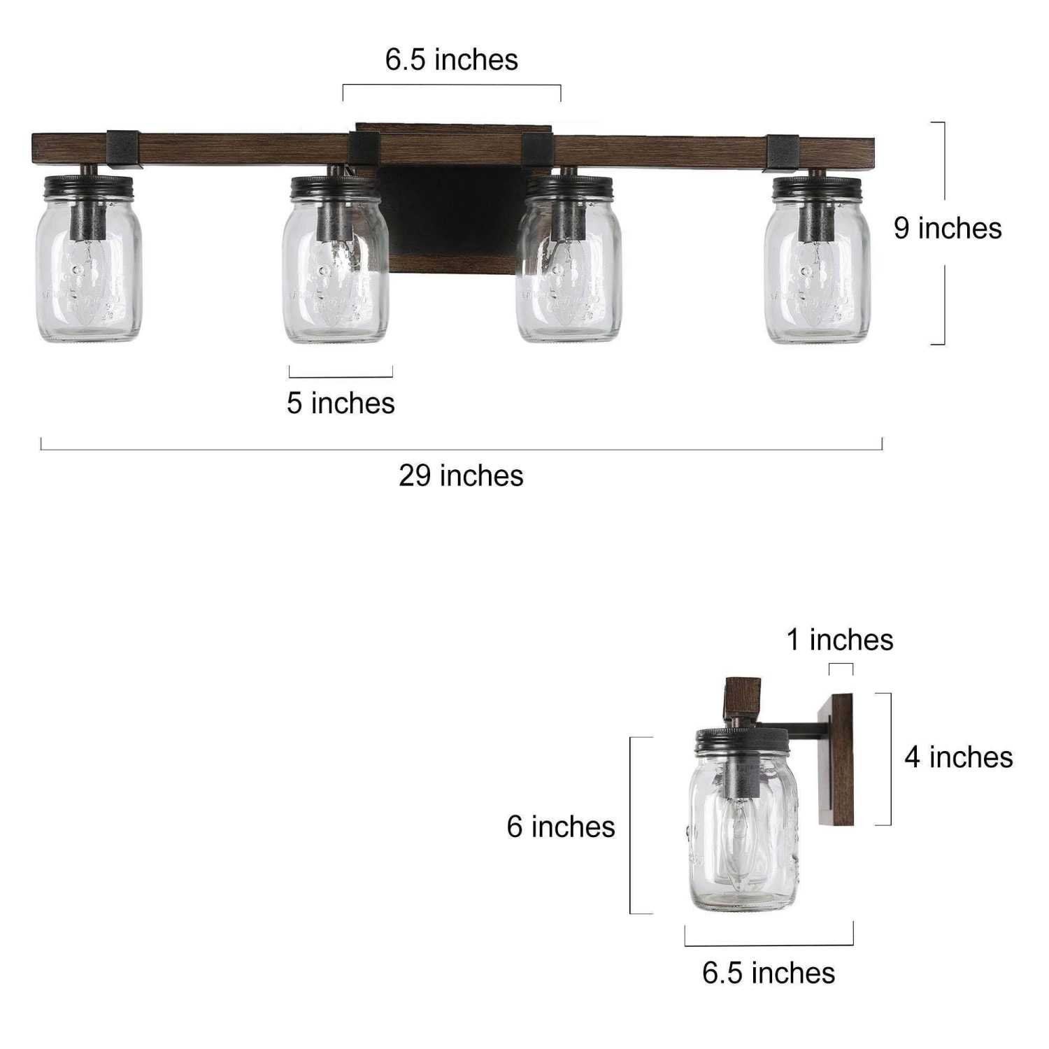 Farmhouse 4-Light Wood Linear Bathroom Vanity Lights Mason Jars Wall Sconces
