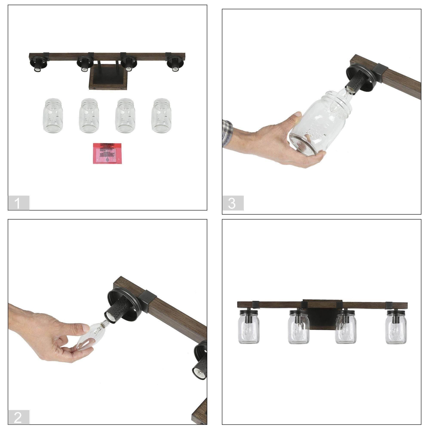 Farmhouse 4-Light Wood Linear Bathroom Vanity Lights Mason Jars Wall Sconces