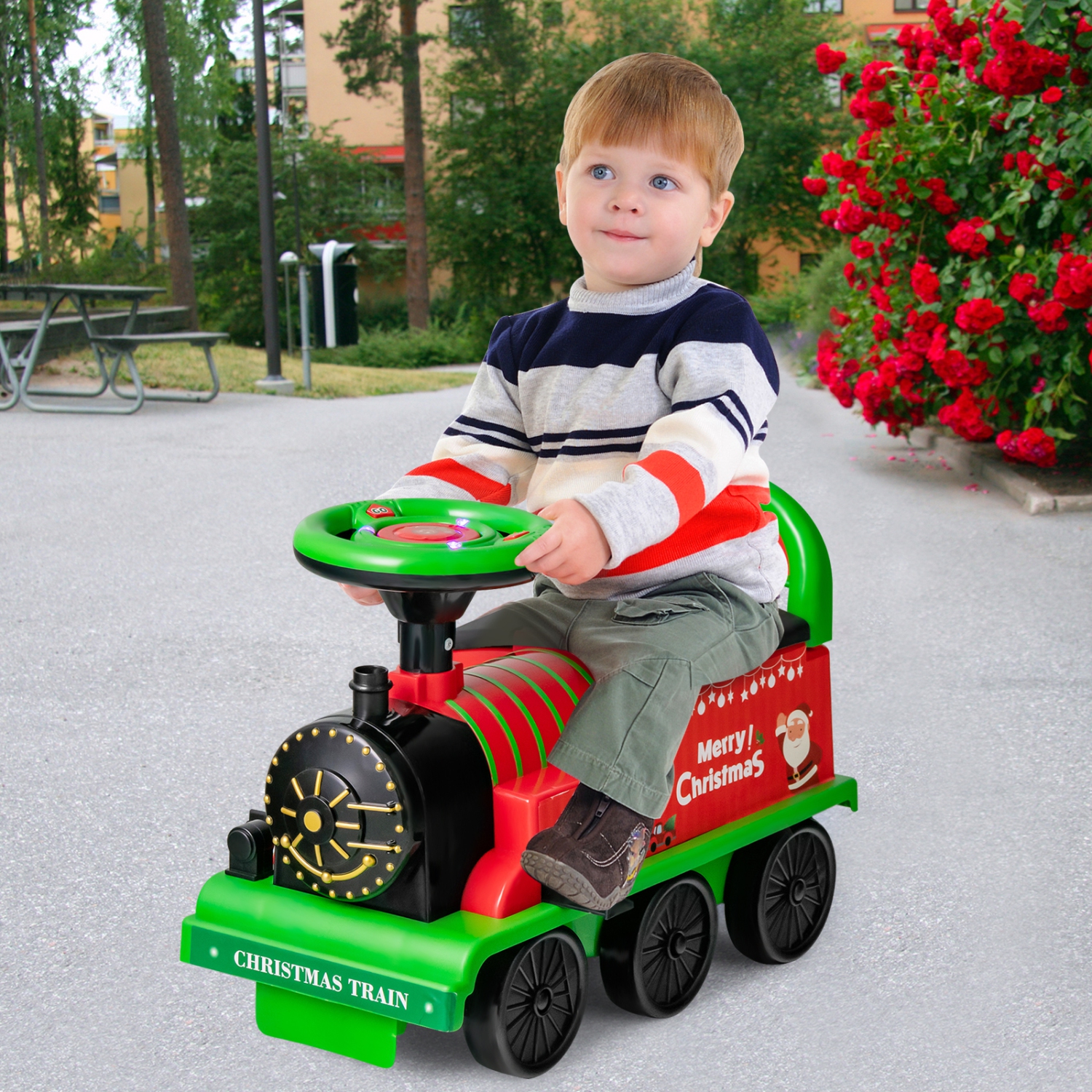 Train Électrique 6V pour Enfants Gymax, Train Motorisé 6 Roues avec Piste