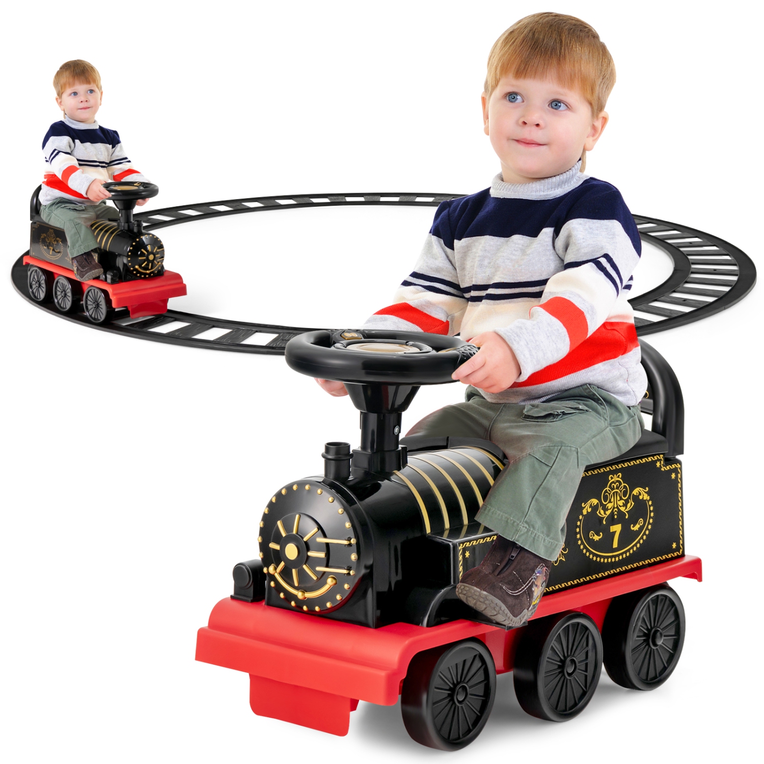 Train Électrique 6V pour Enfants Gymax, Train Motorisé 6 Roues avec Piste