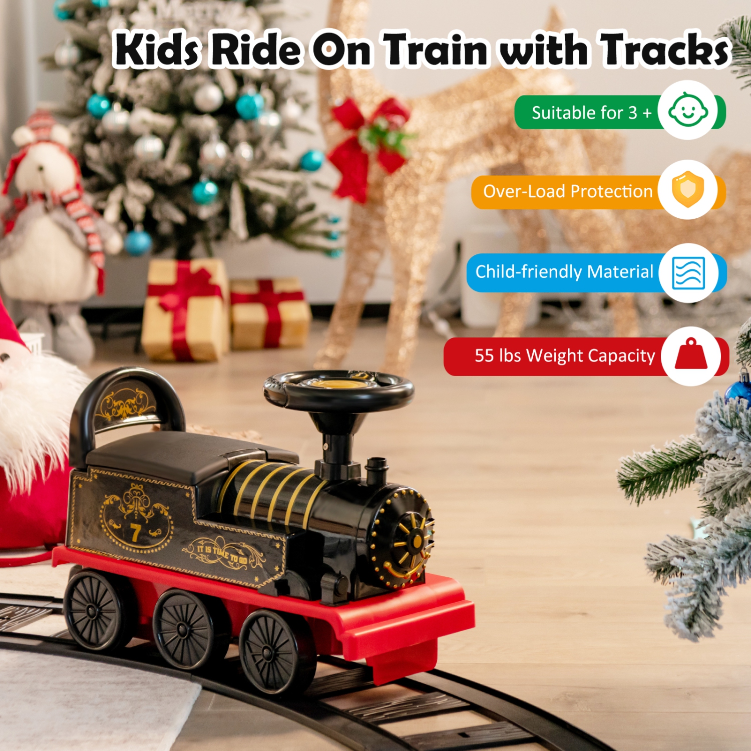 Train Électrique 6V pour Enfants Gymax, Train Motorisé 6 Roues avec Piste