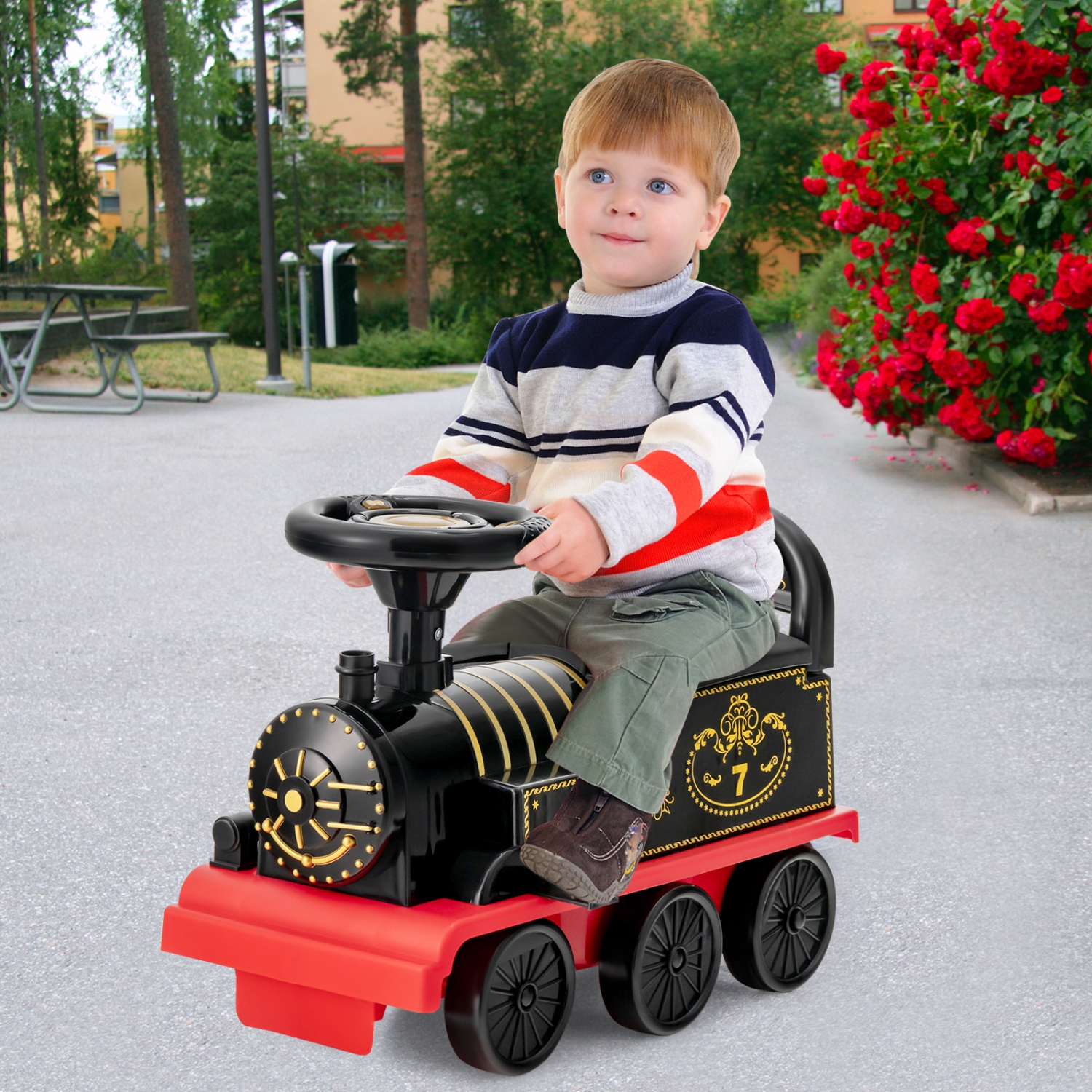 Train Électrique 6V pour Enfants Gymax, Train Motorisé 6 Roues avec Piste