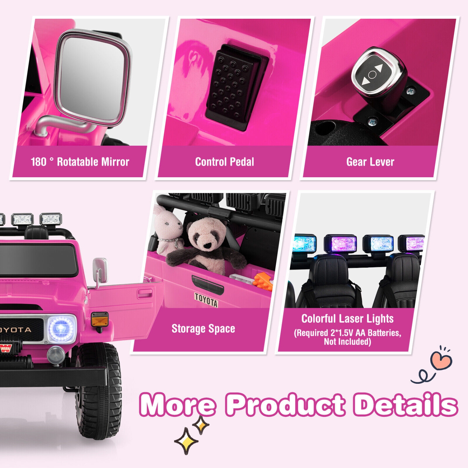 Voiture électrique 2 places GYMAX 12V sous licence Toyota FJ40 RC, avec lumière laser et musique