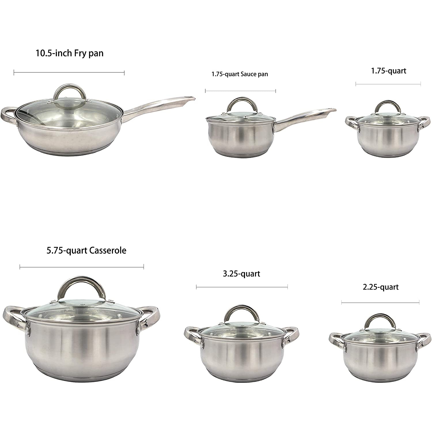 12-Piece Stainless Steel Cookware Set with Glass Lid, Silver