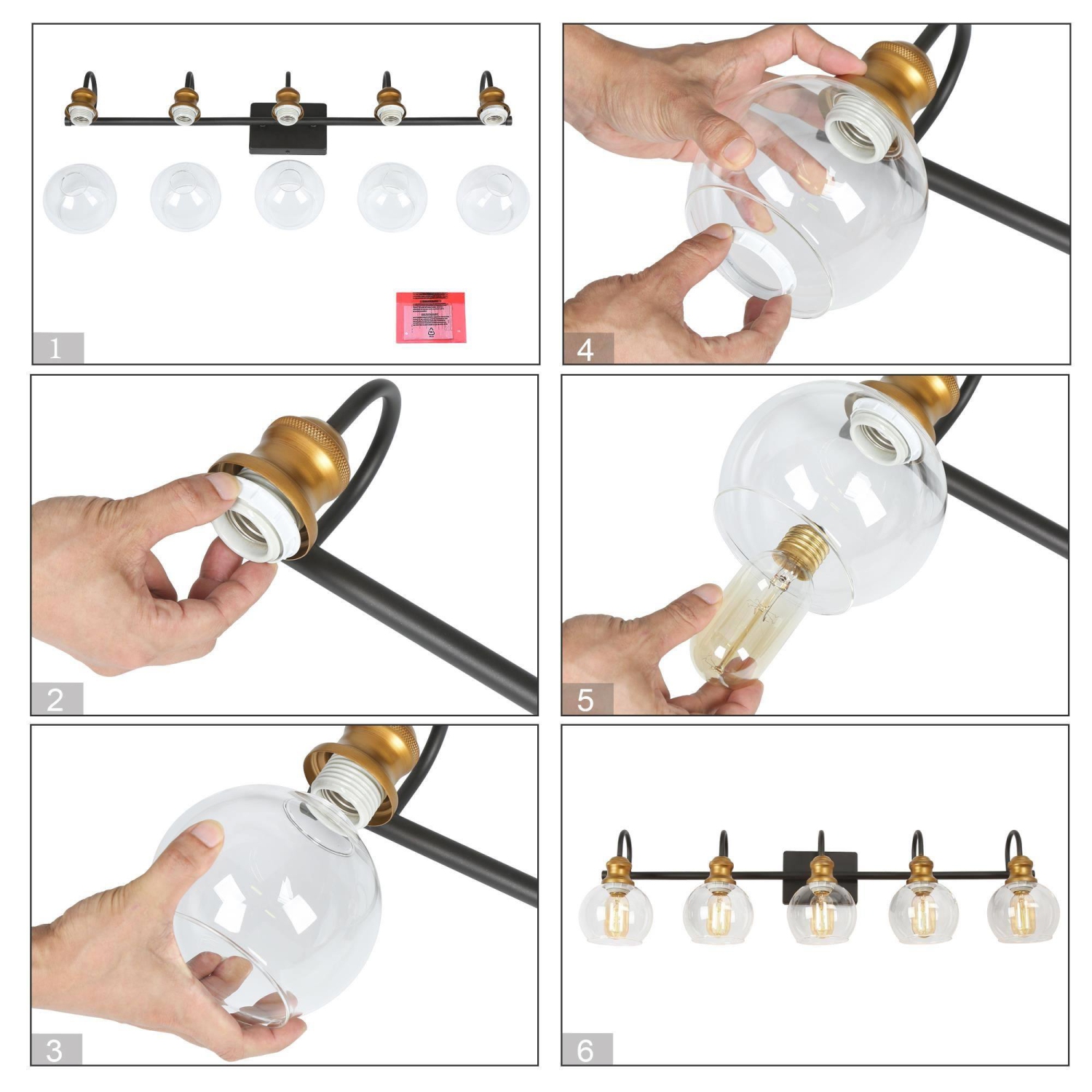 Applique murale de salle de bain moderne à 5 lumières, noir doré et blanc