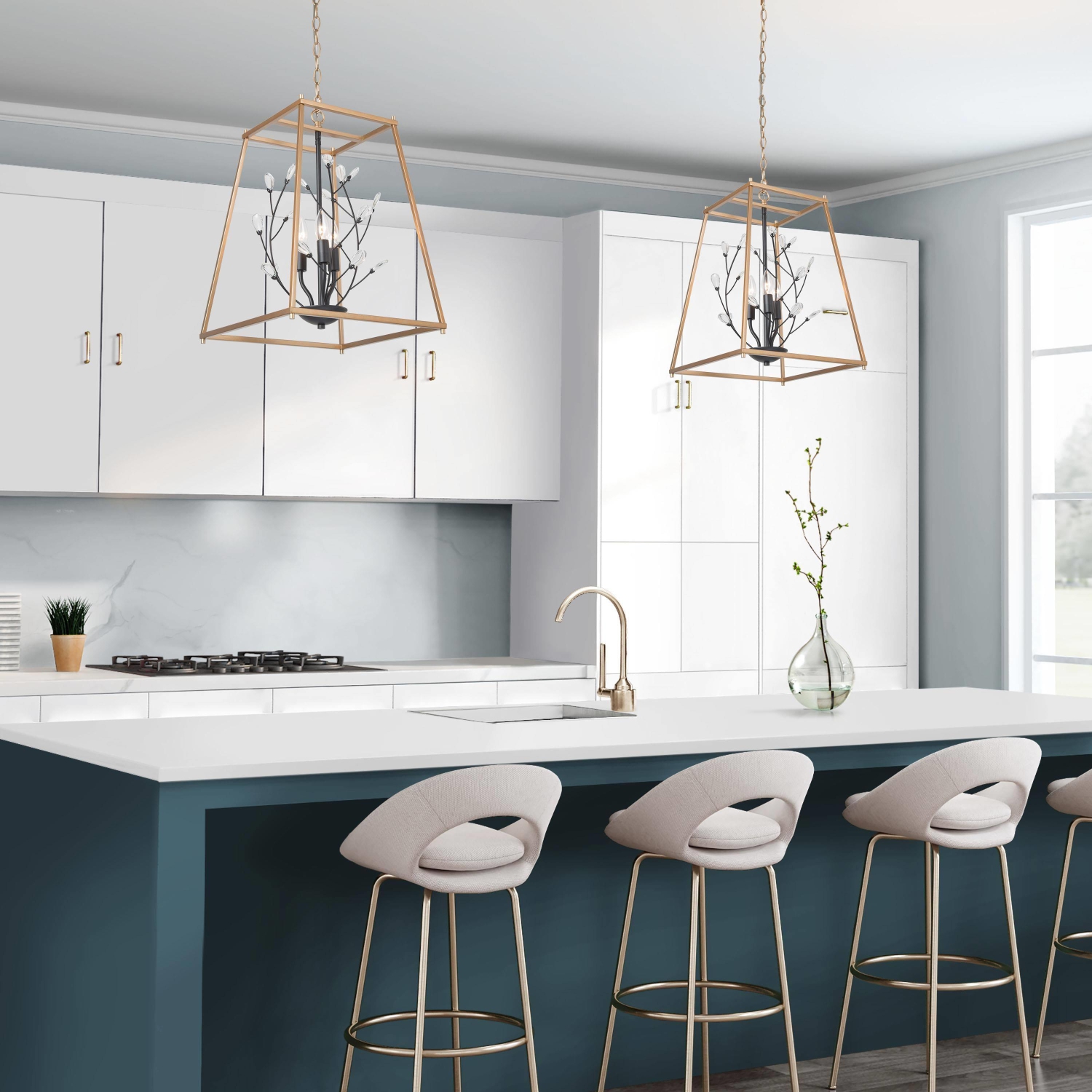 Modern 3-Light Lantern Geometric Crystal Chandelier for Dining Room