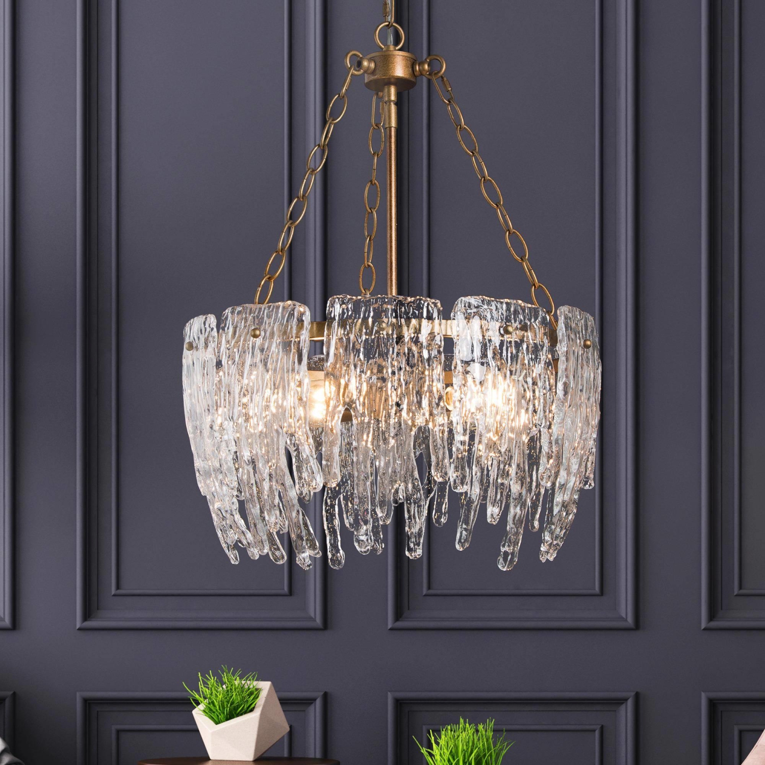 Modern Gold 4-Light Glass Drum Chandelier for Dining Room