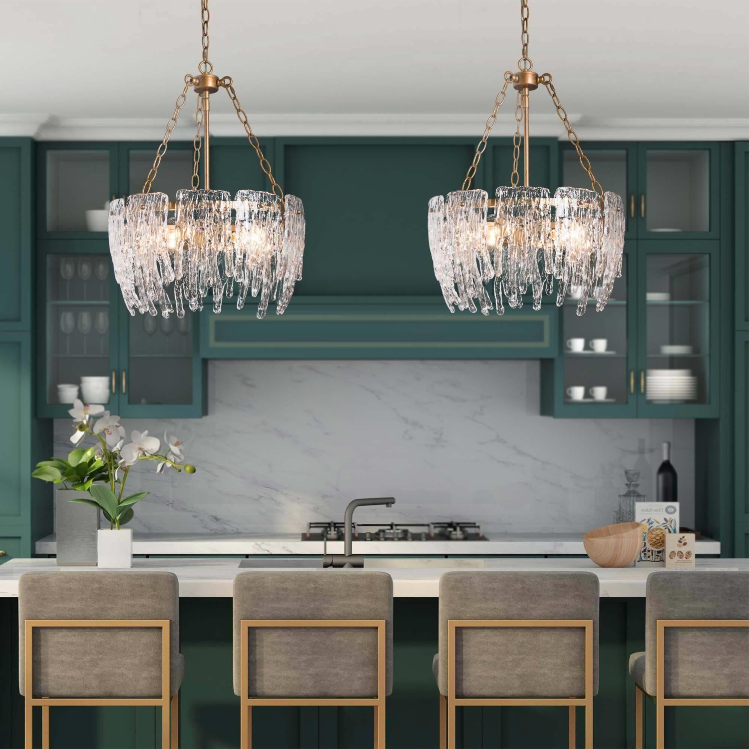 Modern Gold 4-Light Glass Drum Chandelier for Dining Room