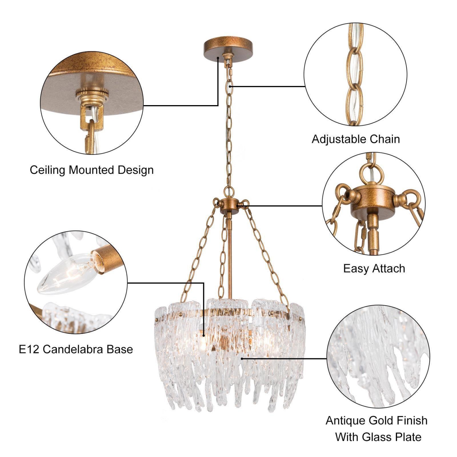 Modern Gold 4-Light Glass Drum Chandelier for Dining Room