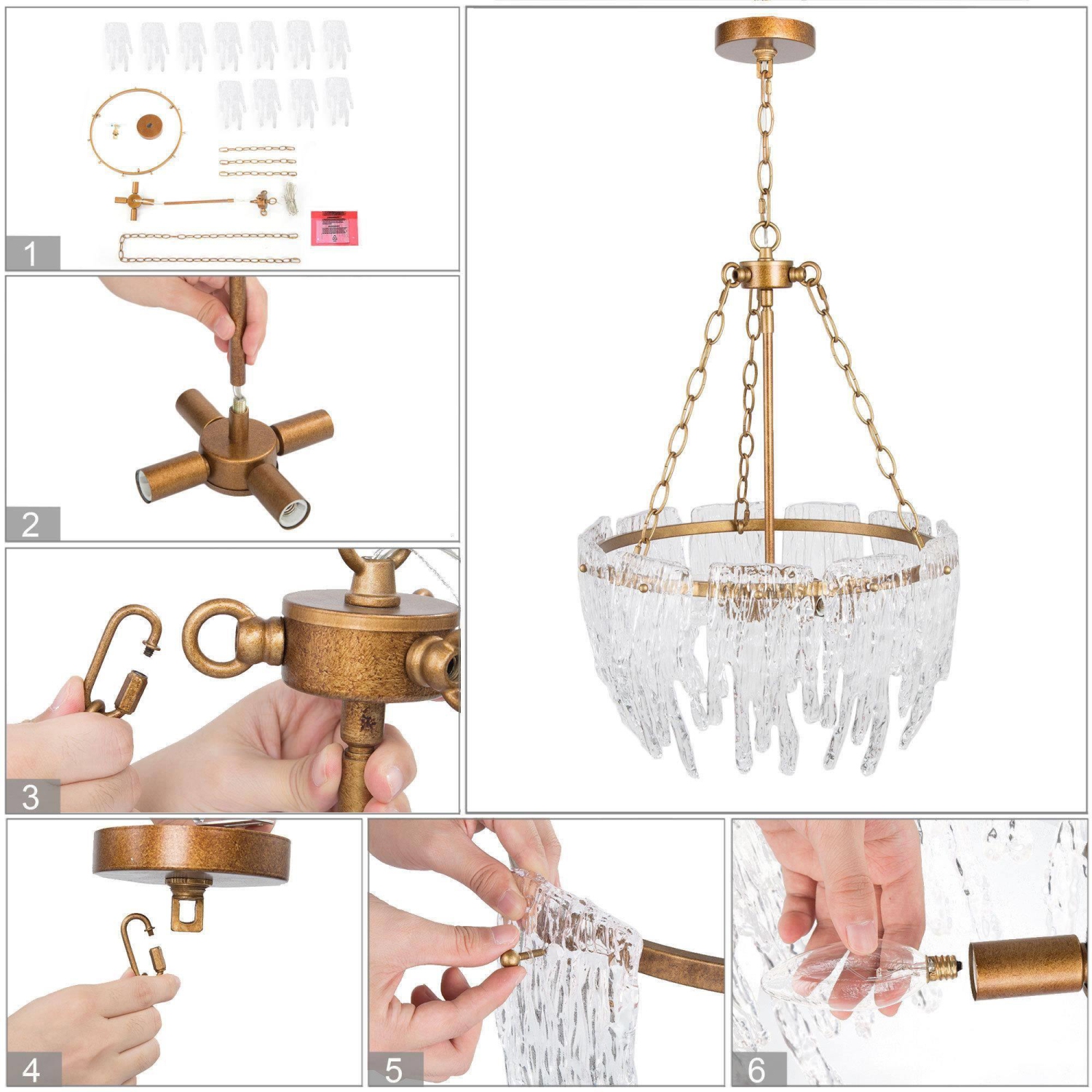 Modern Gold 4-Light Glass Drum Chandelier for Dining Room