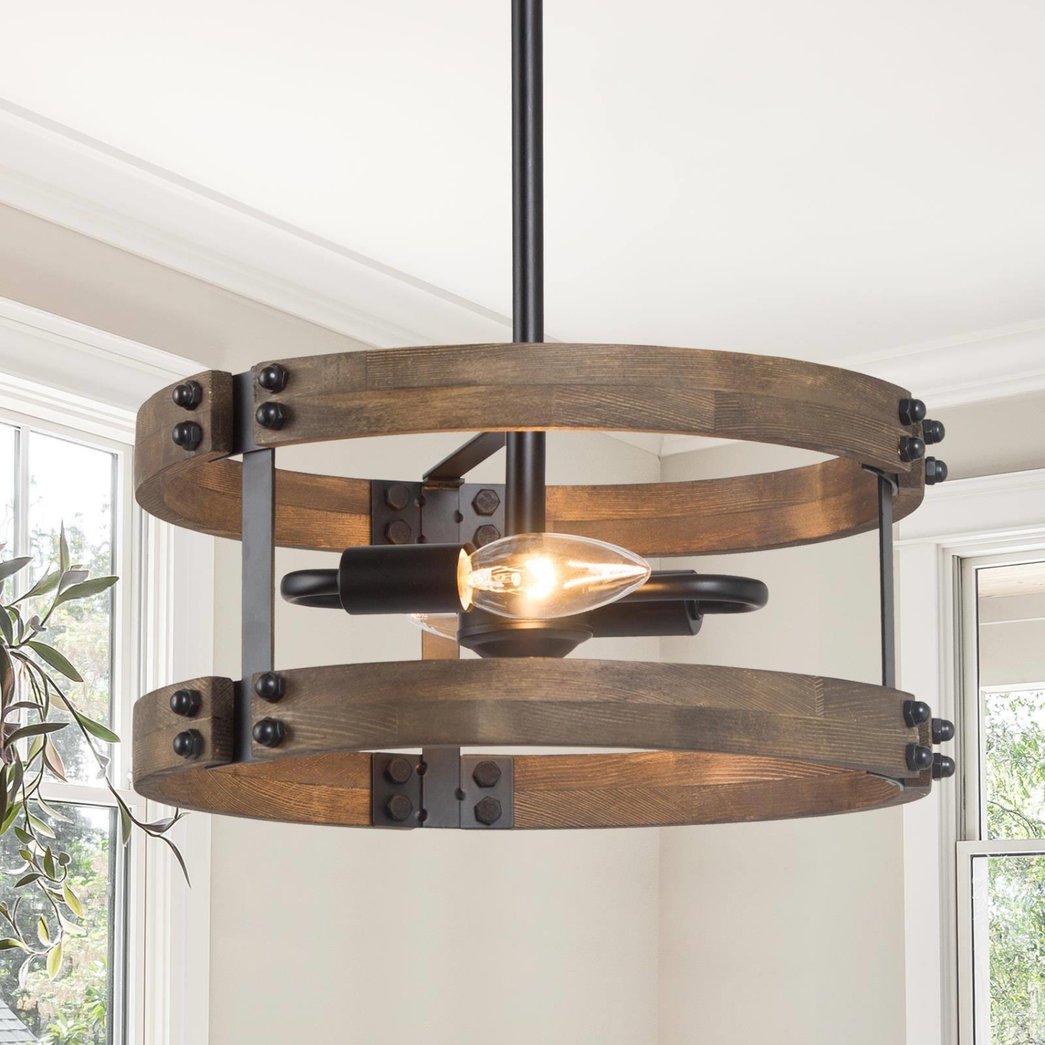 Modern Farmhouse 2-Light Wood Drum Chandelier Hanging Pendant Lights