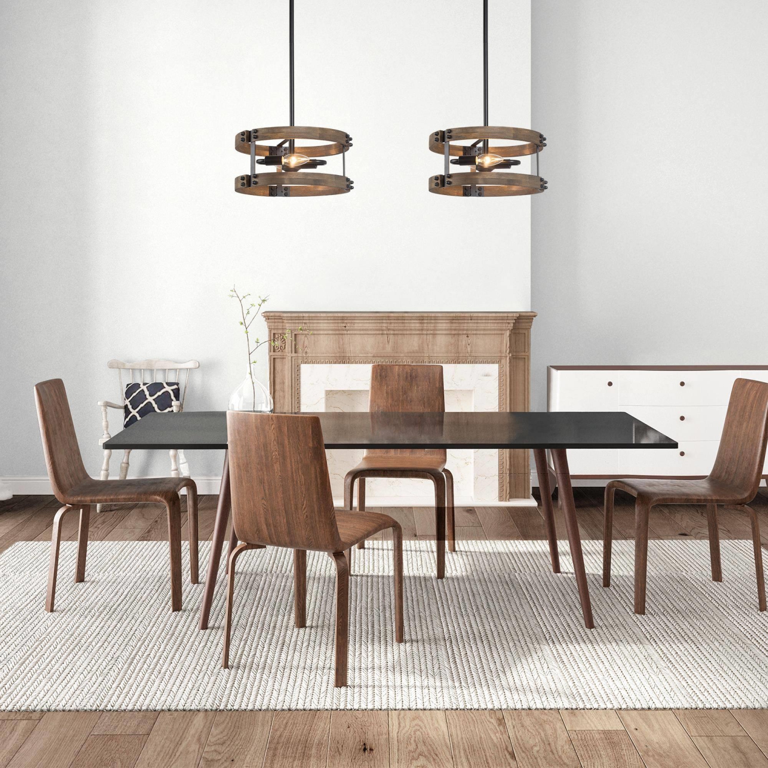 Modern Farmhouse 2-Light Wood Drum Chandelier Hanging Pendant Lights