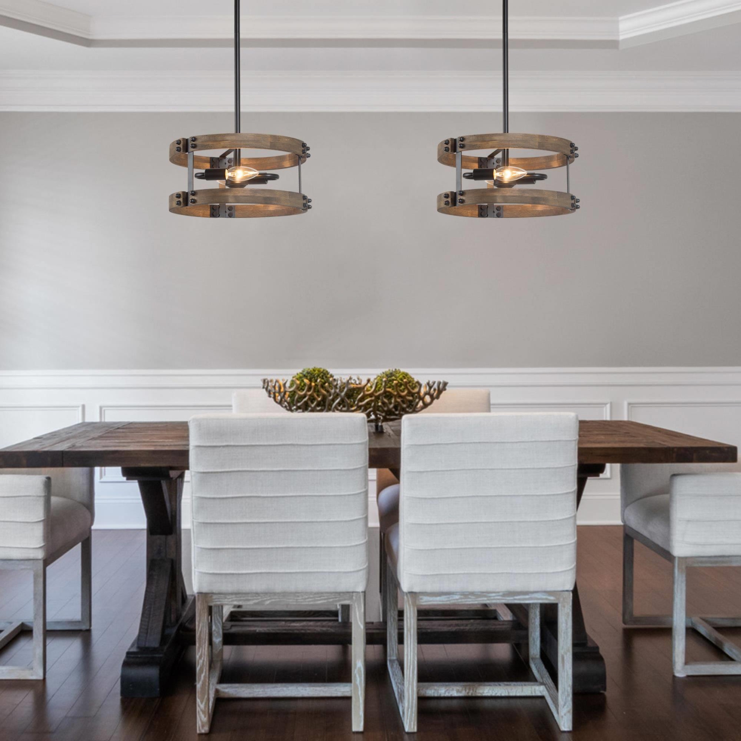 Modern Farmhouse 2-Light Wood Drum Chandelier Hanging Pendant Lights