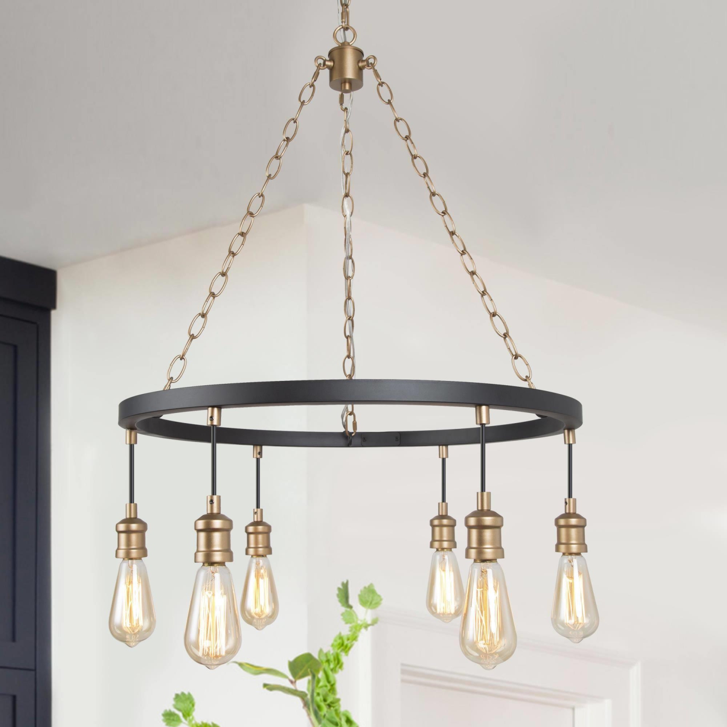 Modern 6-Light Black Gold Farmhouse Wagon Wheel Chandelier Kitchen Lighting