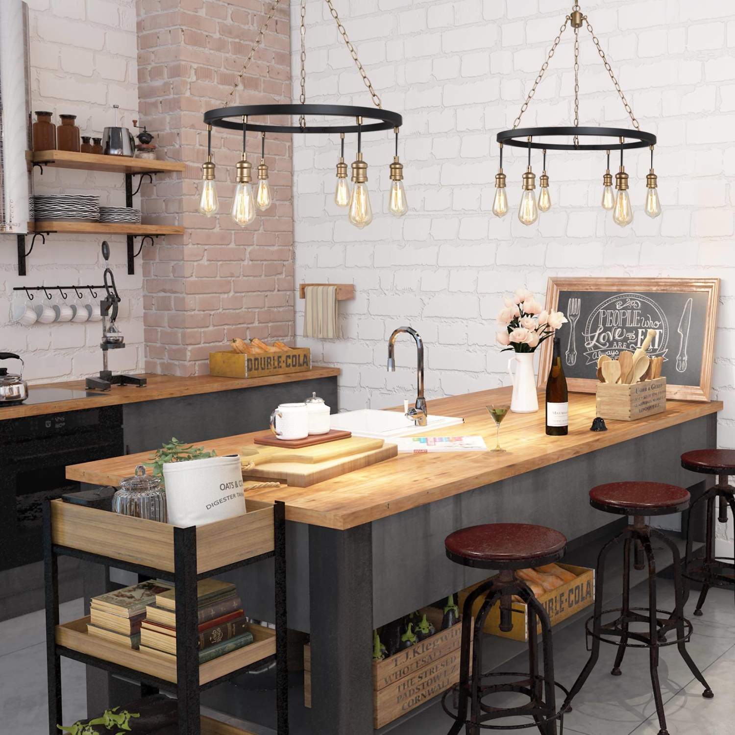 Modern 6-Light Black Gold Farmhouse Wagon Wheel Chandelier Kitchen Lighting