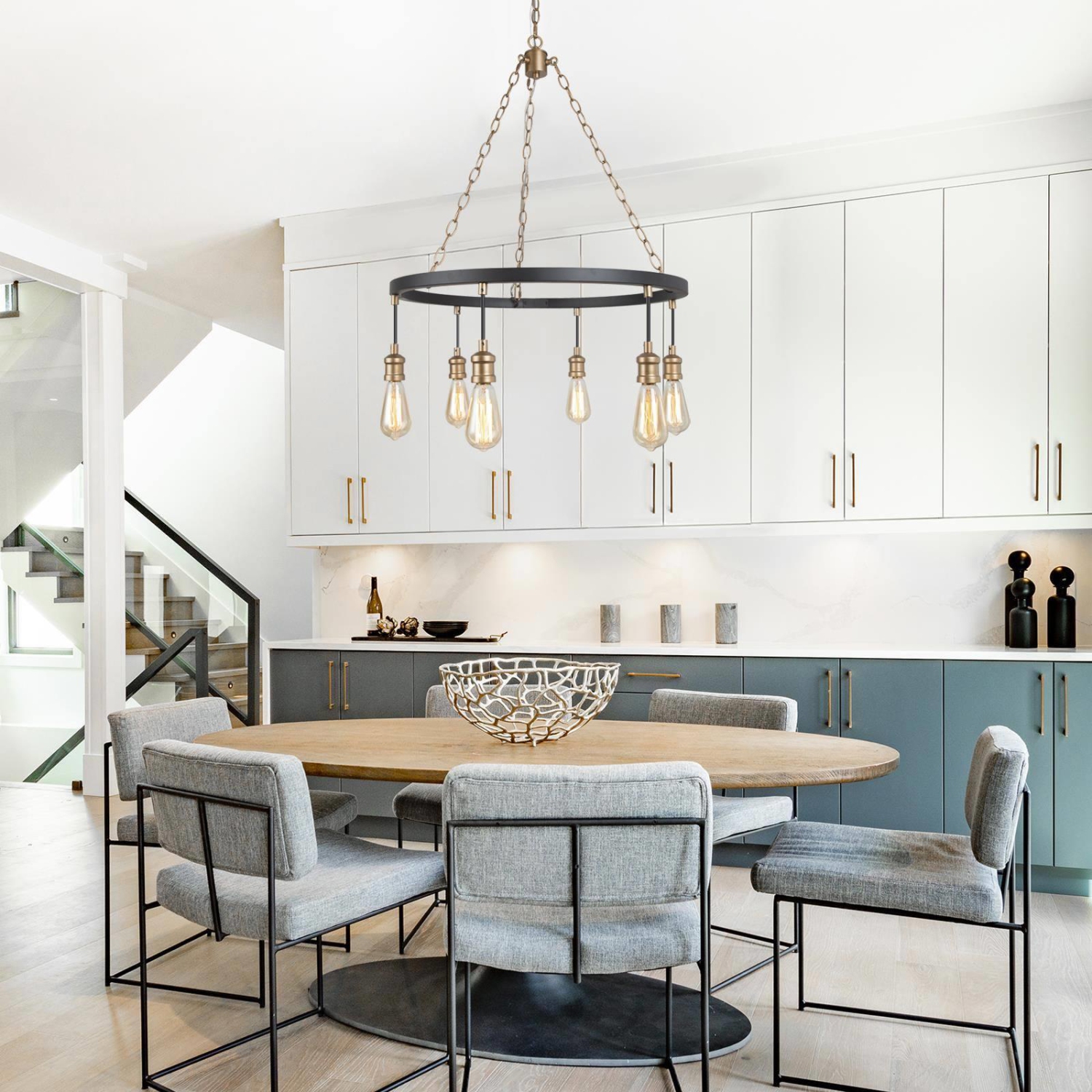 Modern 6-Light Black Gold Farmhouse Wagon Wheel Chandelier Kitchen Lighting