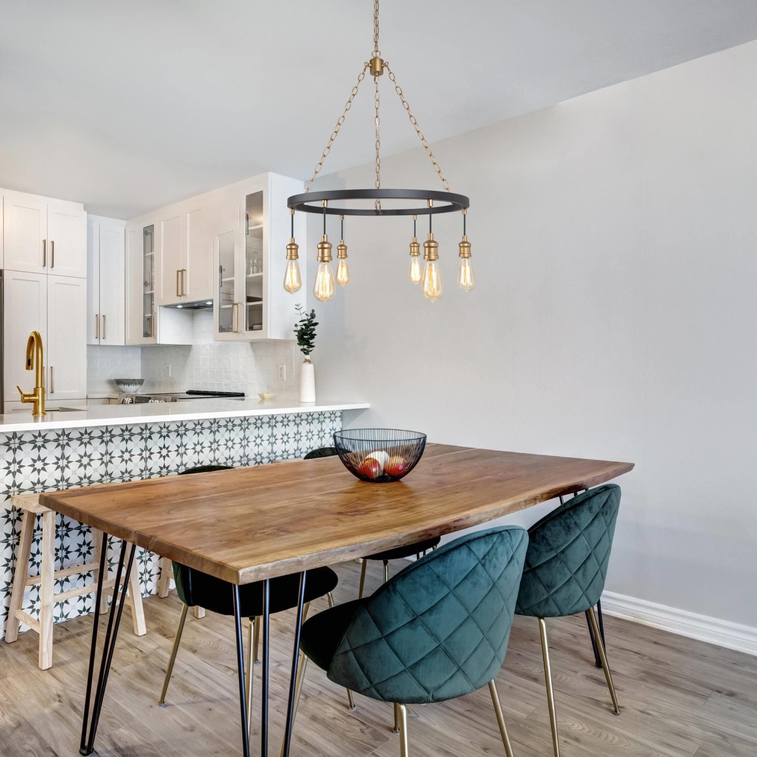 Modern 6-Light Black Gold Farmhouse Wagon Wheel Chandelier Kitchen Lighting